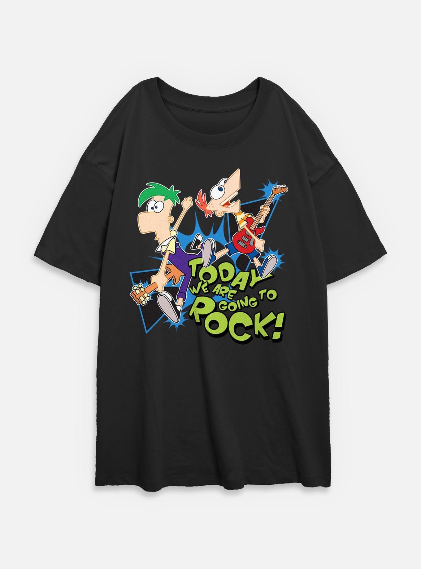 Disney Phineas and Ferb Today We Are Going To Rock Womens Oversized T-Shirt, BLACK, hi-res
