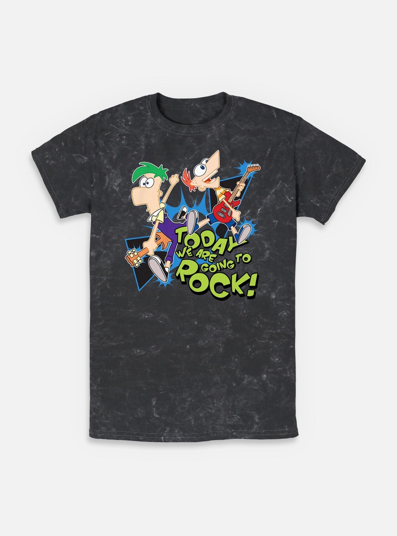 Disney Phineas and Ferb Today We Are Going To Rock Mineral Wash T-Shirt, BLACK, hi-res