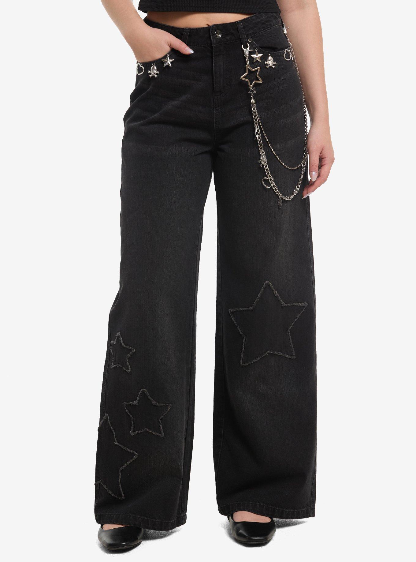 Social Collision Black Star Patch & Chain Girls Wide Leg Jeans, , hi-res