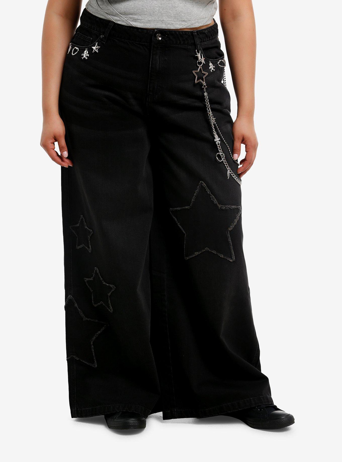 Social Collision Black Star Patch & Chain Girls Wide Leg Jeans Plus Size, , hi-res