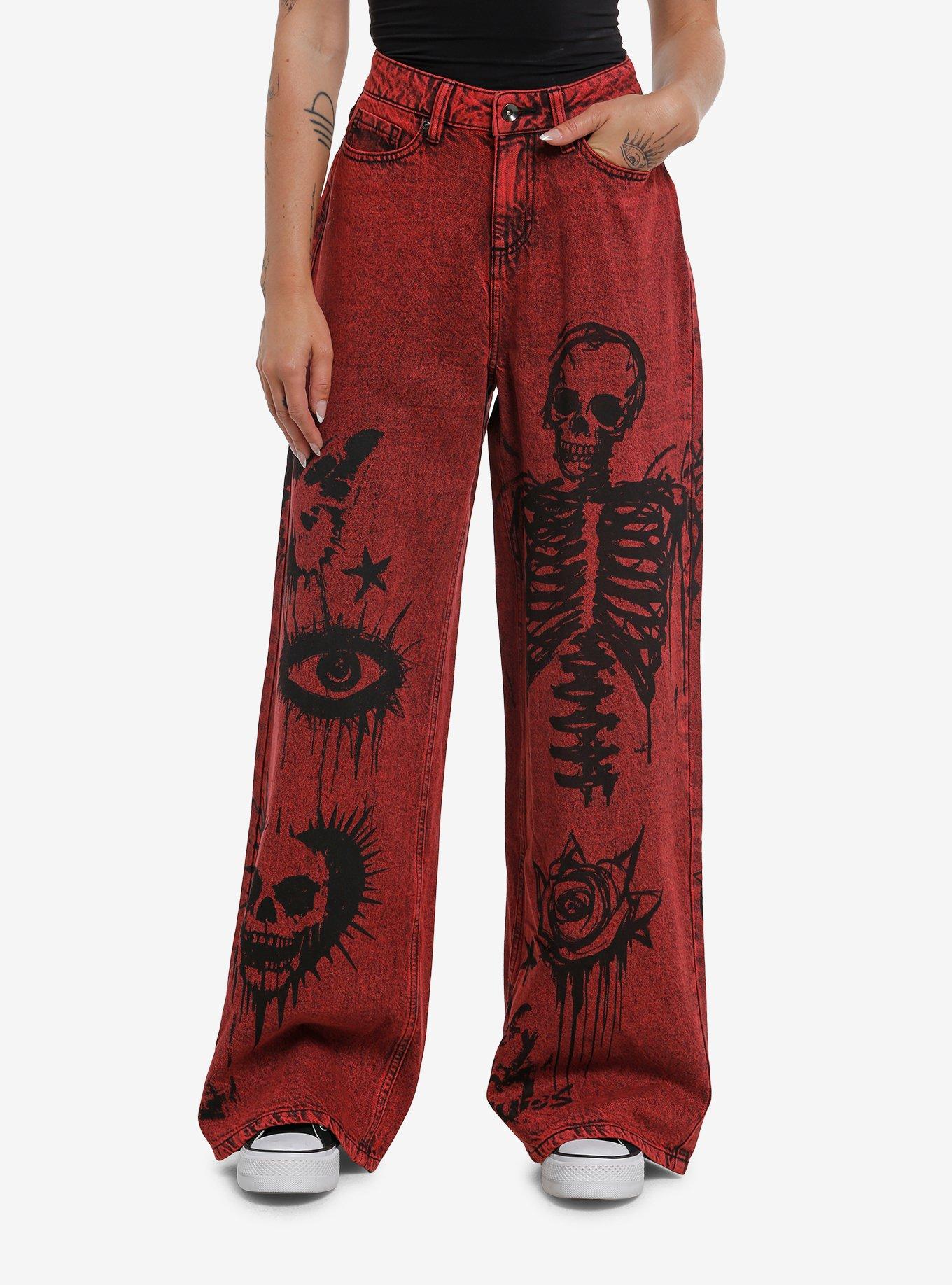 Social Collision Skeleton Red Wash Wide Leg Jeans, , hi-res