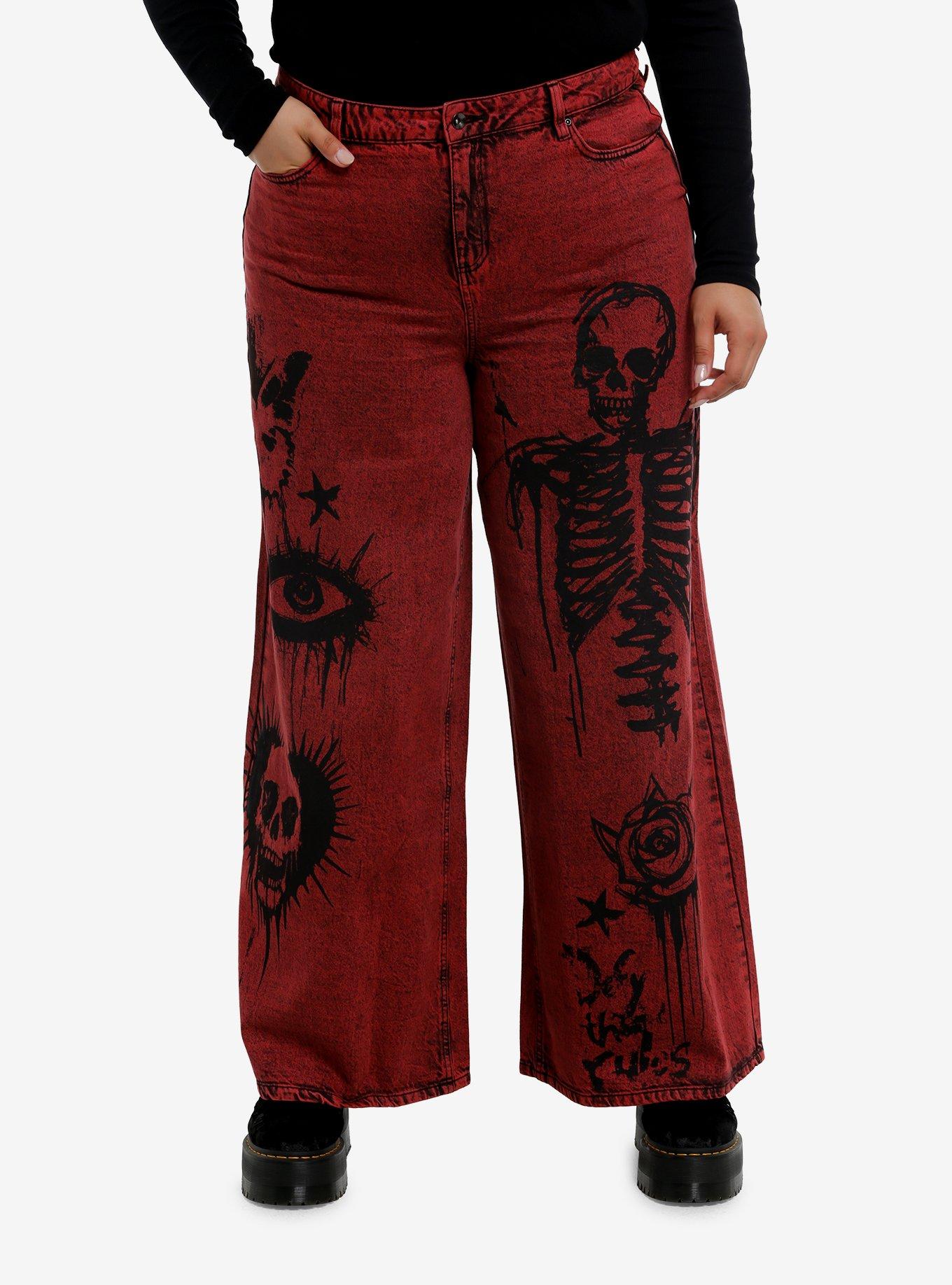Social Collision Skeleton Red Wash Wide Leg Jeans Plus Size, , hi-res