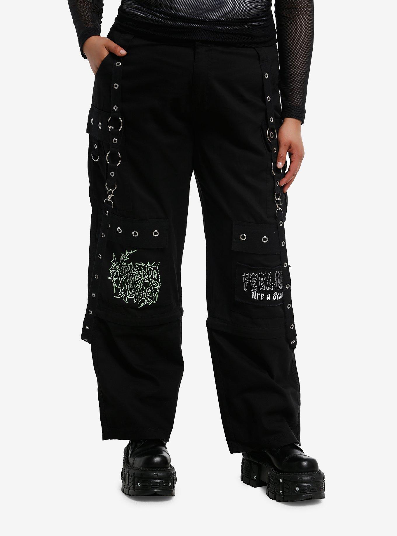 Black Patches Grommet Suspender Girls Cargo Pants Plus Size, , hi-res