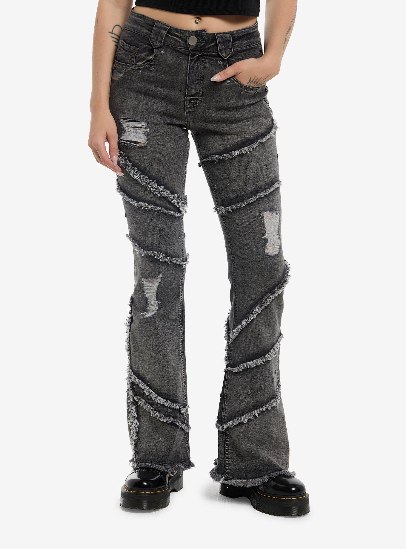 Faded Black Raw Edge Seamed Flare Jeans, , hi-res