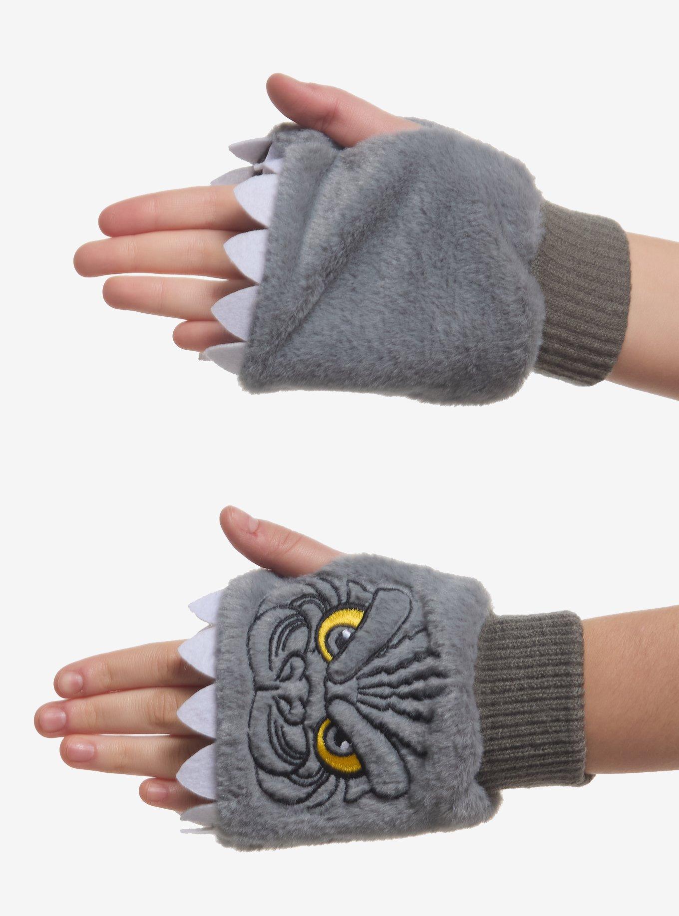 Godzilla Biting Fuzzy Fingerless Gloves, , hi-res