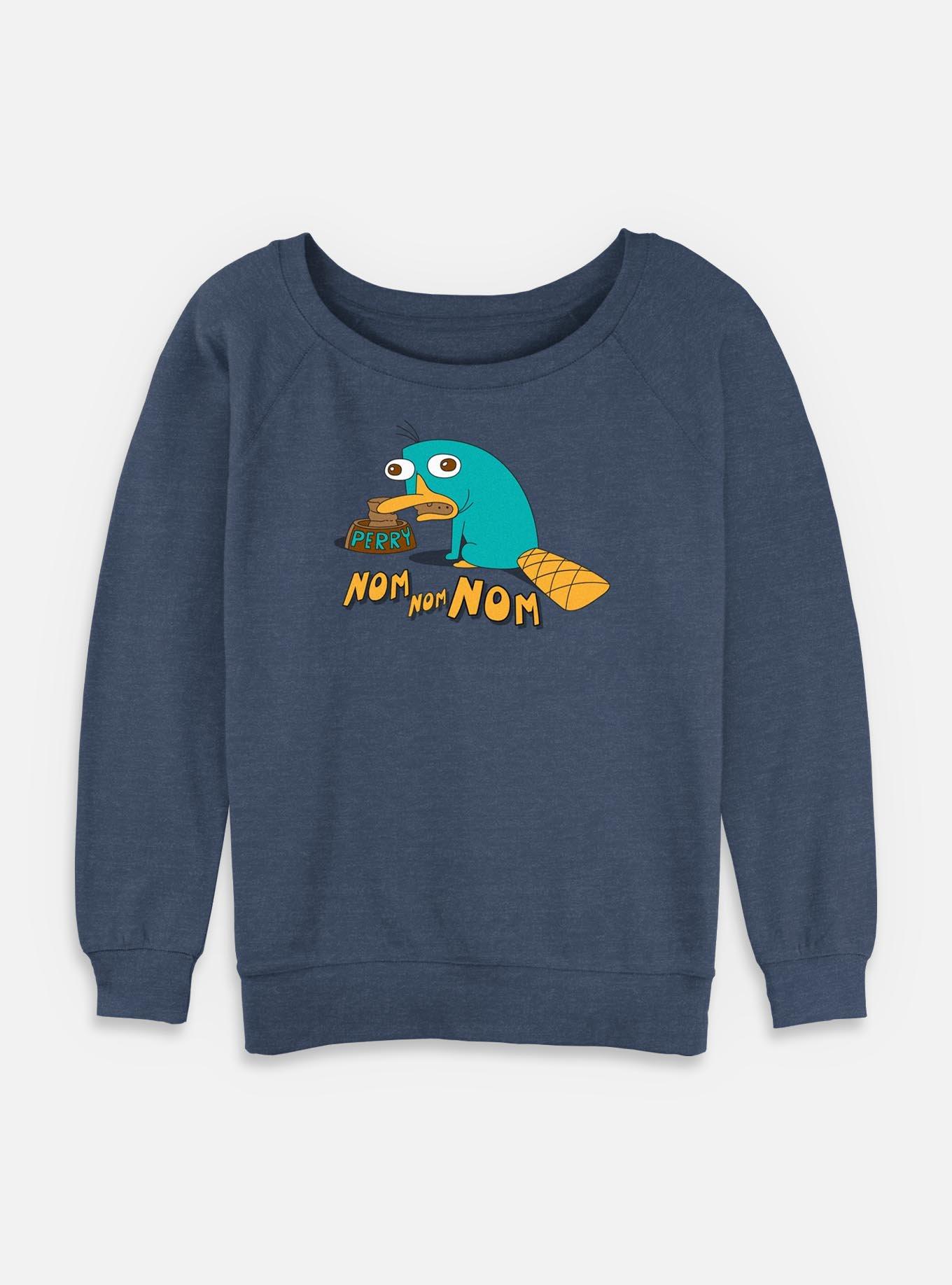 Disney Phineas and Ferb Perry The Platypus Num Nums Womens Slouchy Sweatshirt, BLUEHTR, hi-res