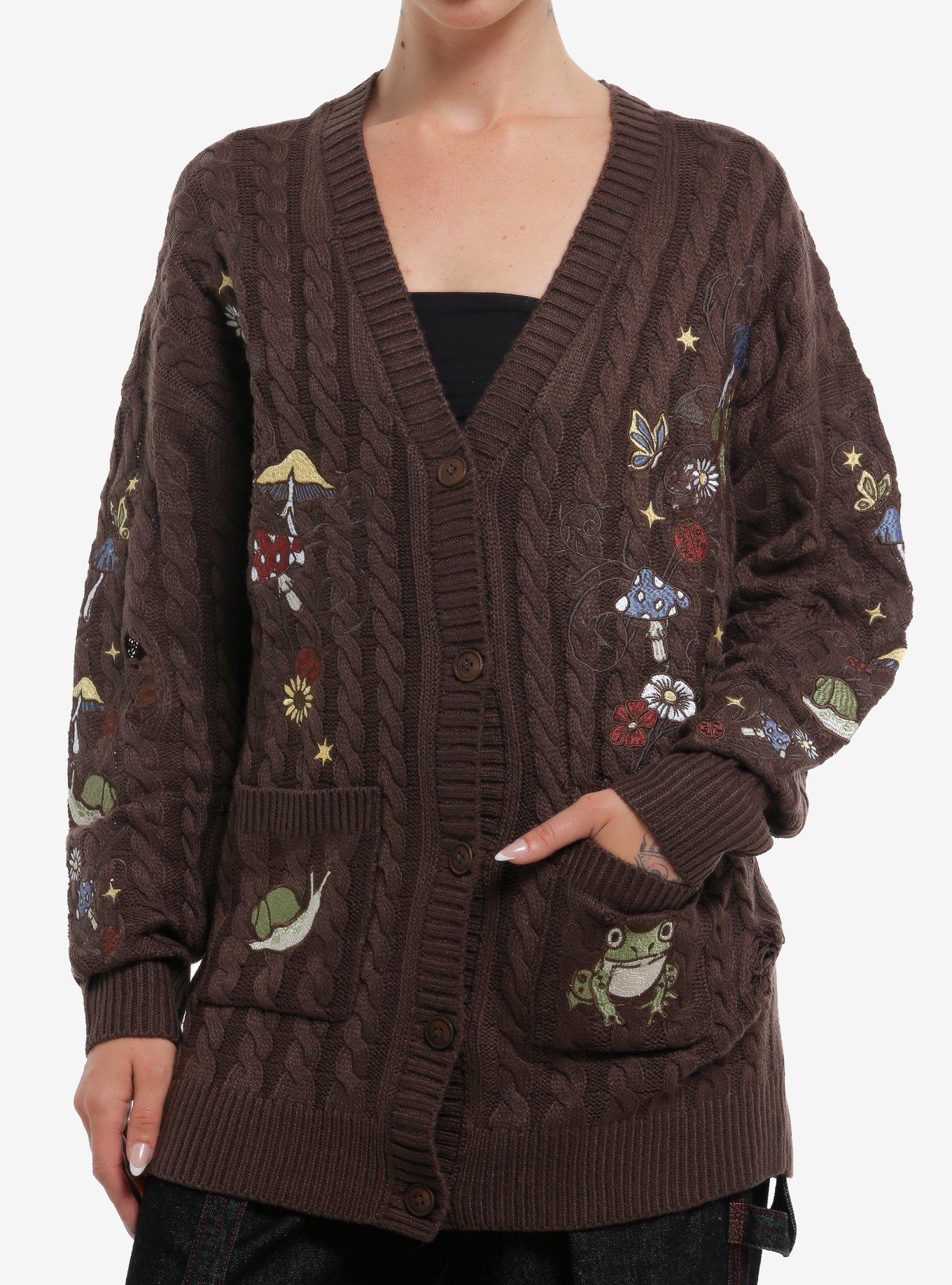 Thorn & Fable Mushroom & Frog Cable Knit Girls Cardigan, , hi-res