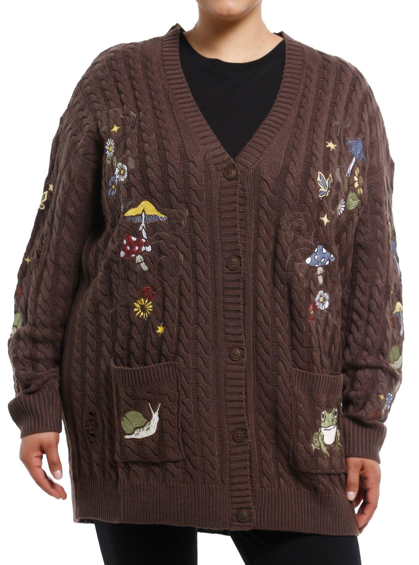Thorn & Fable Mushroom & Frog Cable Knit Girls Cardigan Plus Size, , hi-res