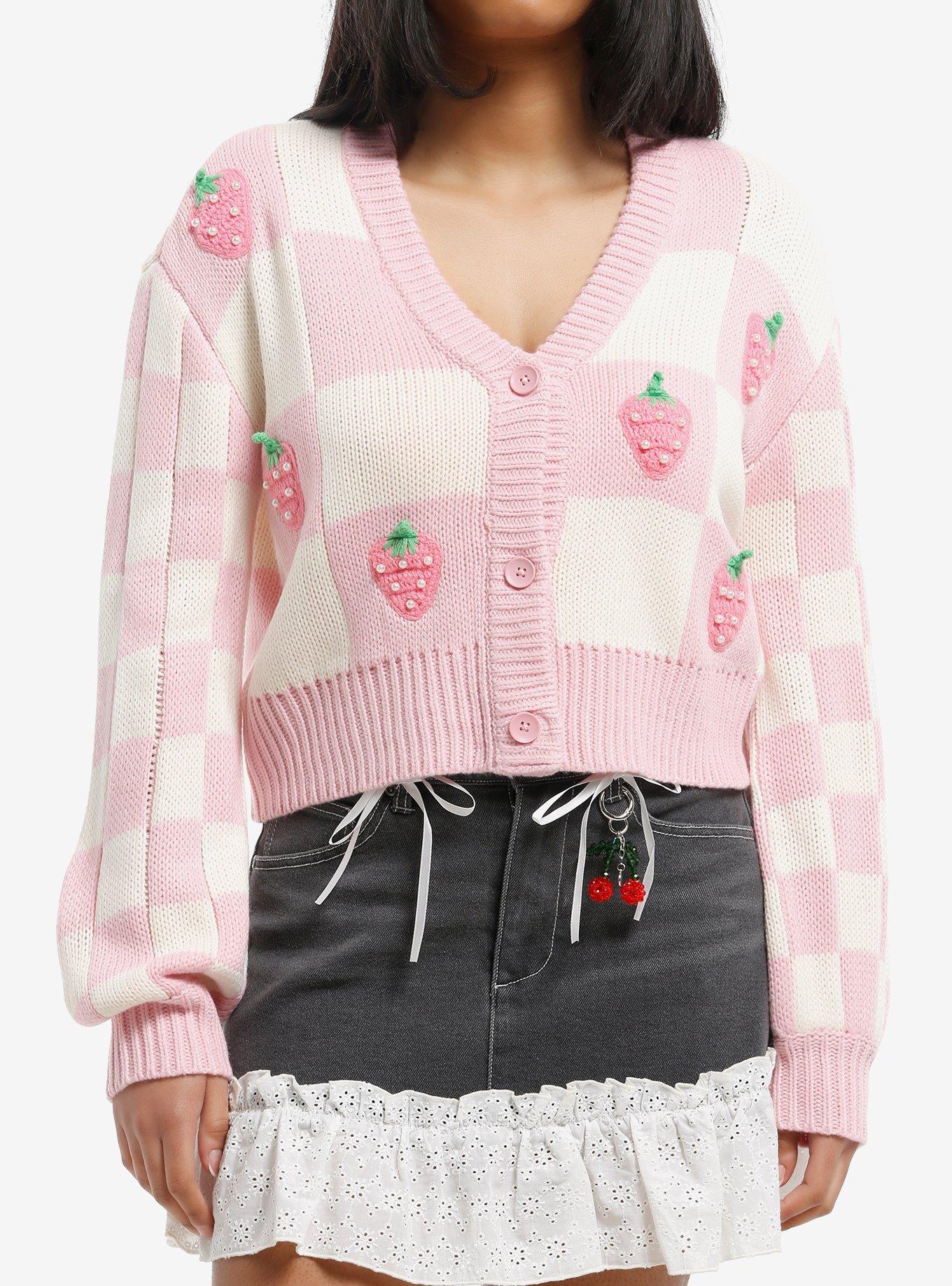 Sweet Society Pearl Strawberry Checker Girls Cardigan, , hi-res