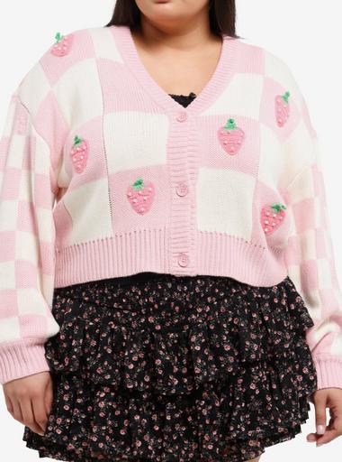 Sweet Society Pearl Strawberry Checker Girls Cardigan Plus Size