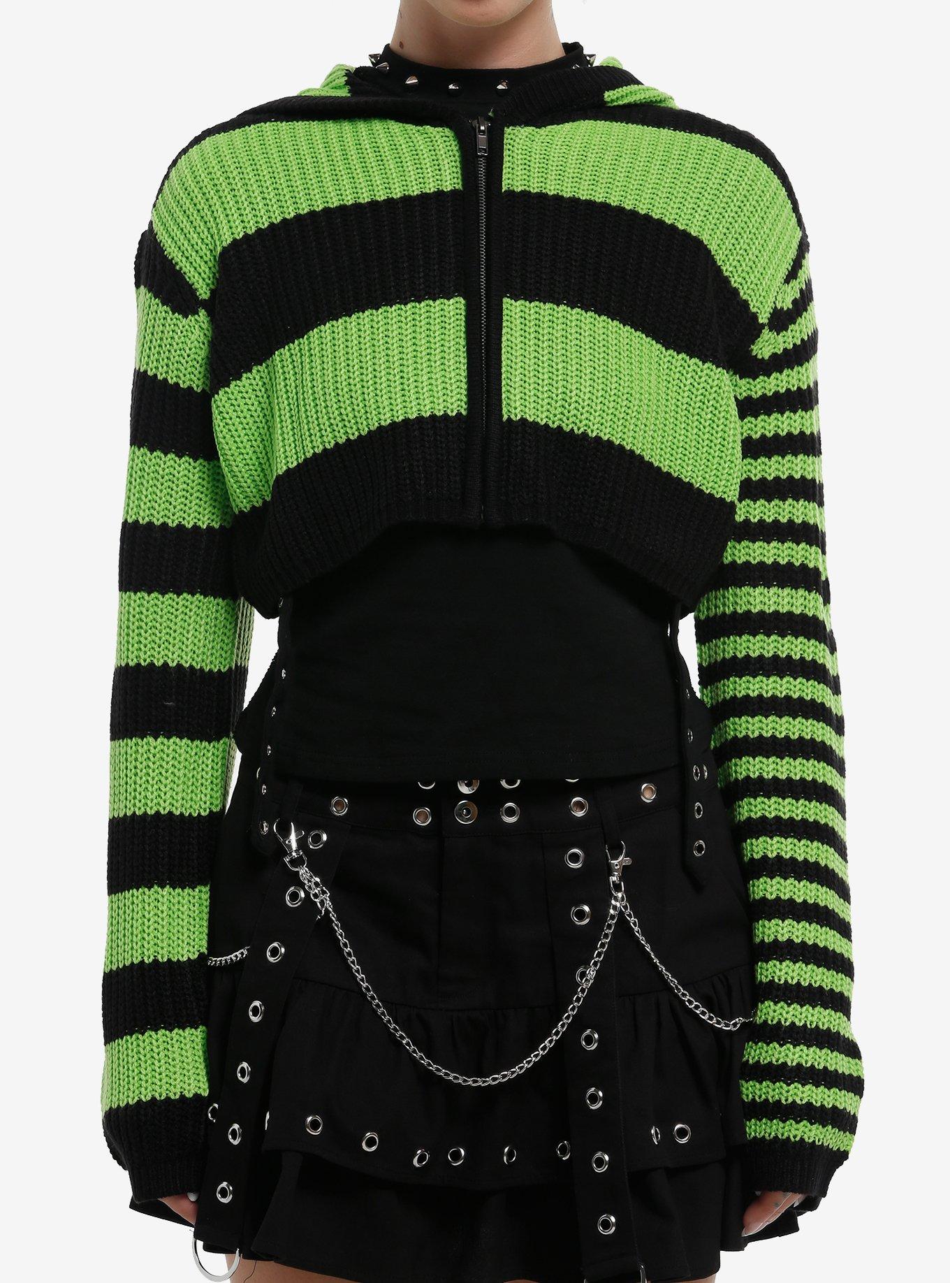 HOTTOPIC Lime Green & Black Stripe Girls Crop Hoodie