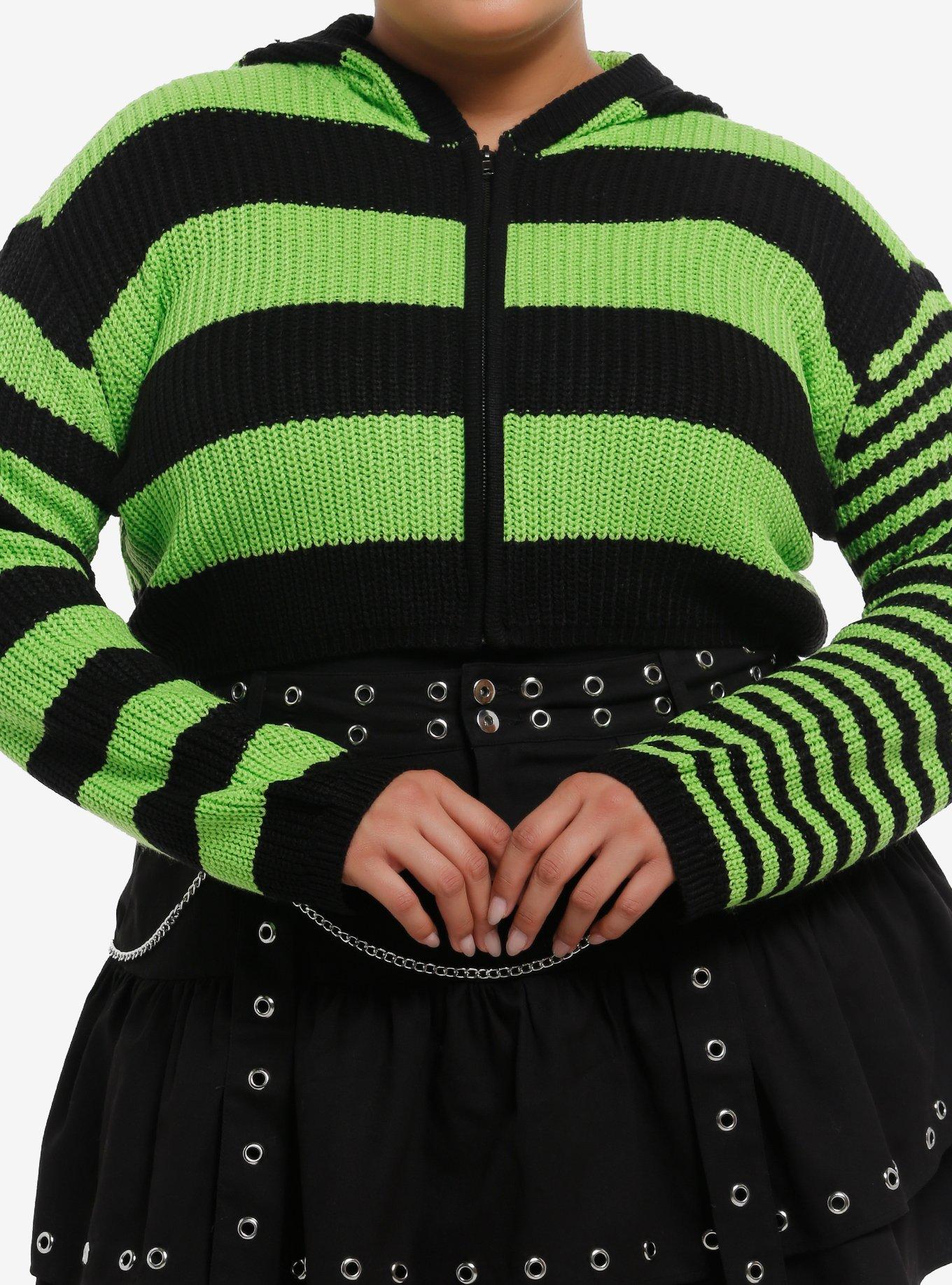 Lime Green & Black Stripe Girls Crop Hoodie Plus Size, , hi-res