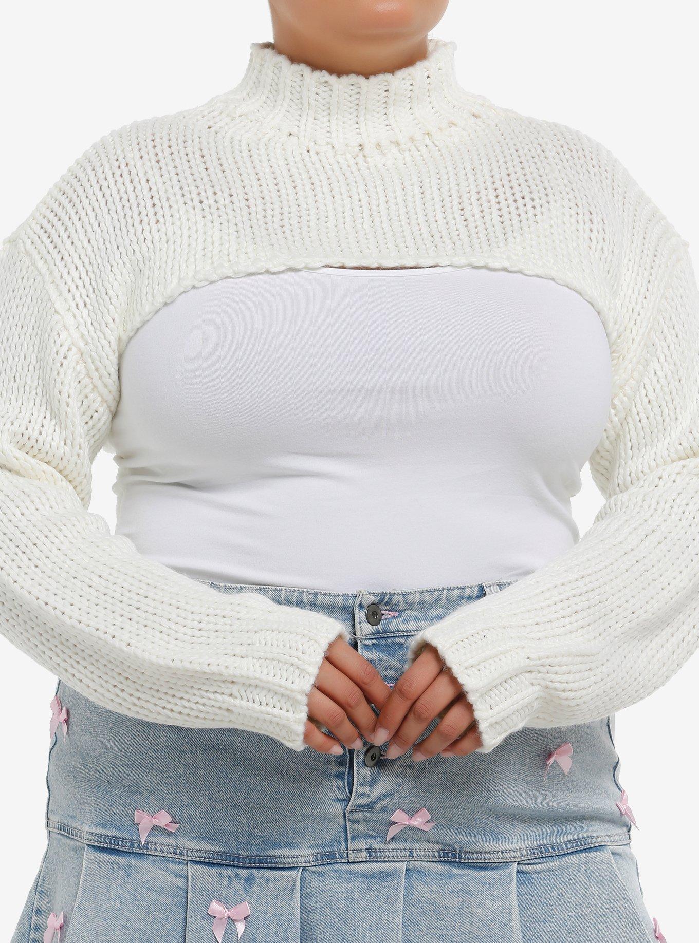Thorn & Fable Cream Mock Neck Girls Knit Shrug Plus Size, , hi-res