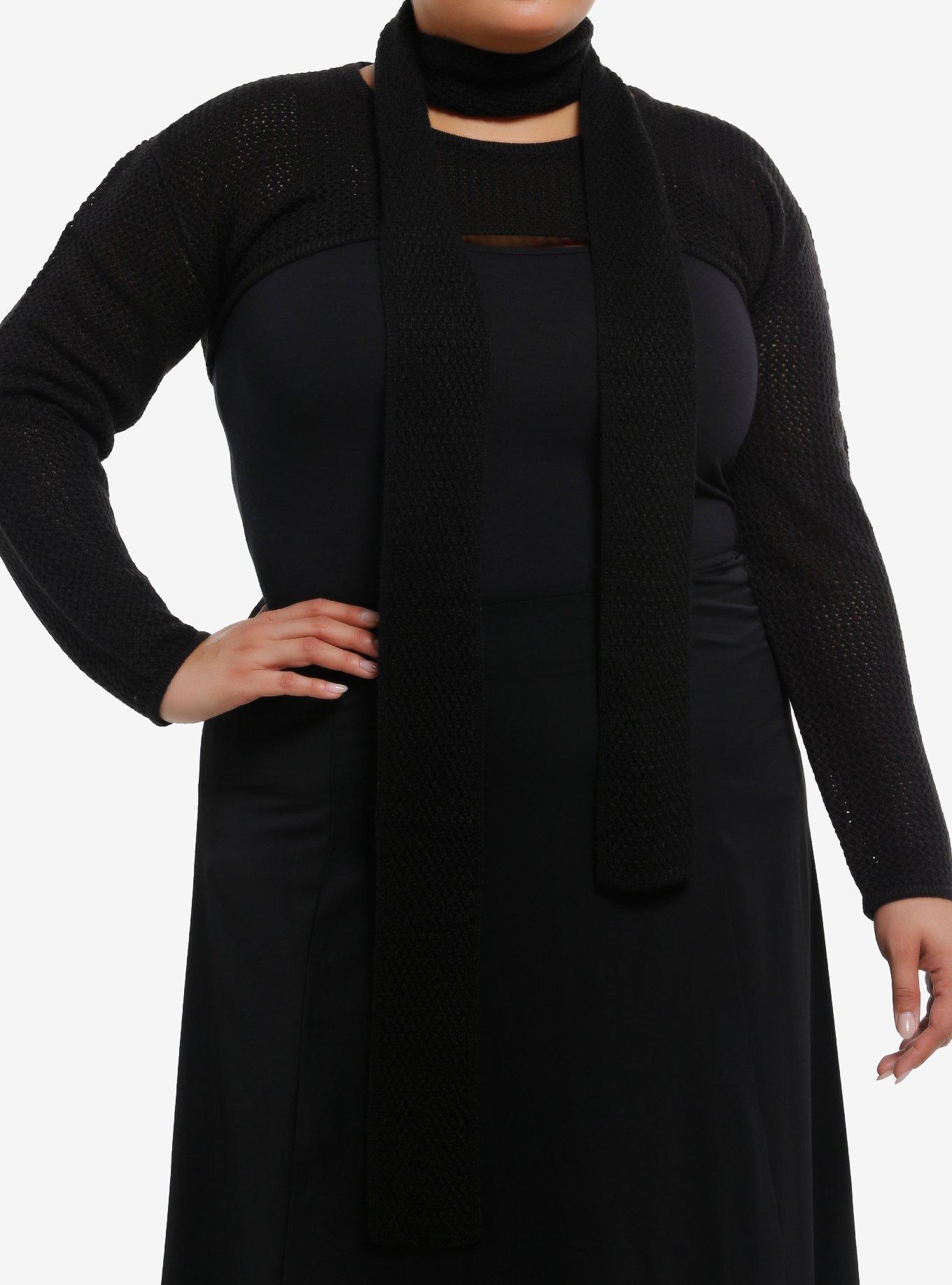 Social Collision Black Girls Knit Shrug With Scarf Plus Size, , hi-res