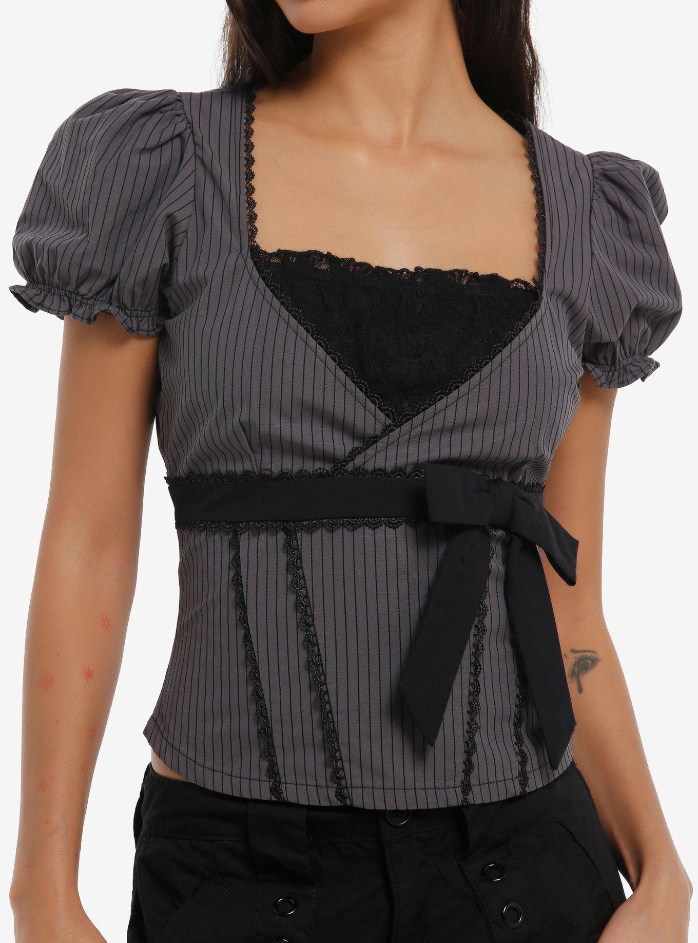 Thorn & Fable Black & Grey Pinstripe Girls Puff Sleeve Top, , hi-res