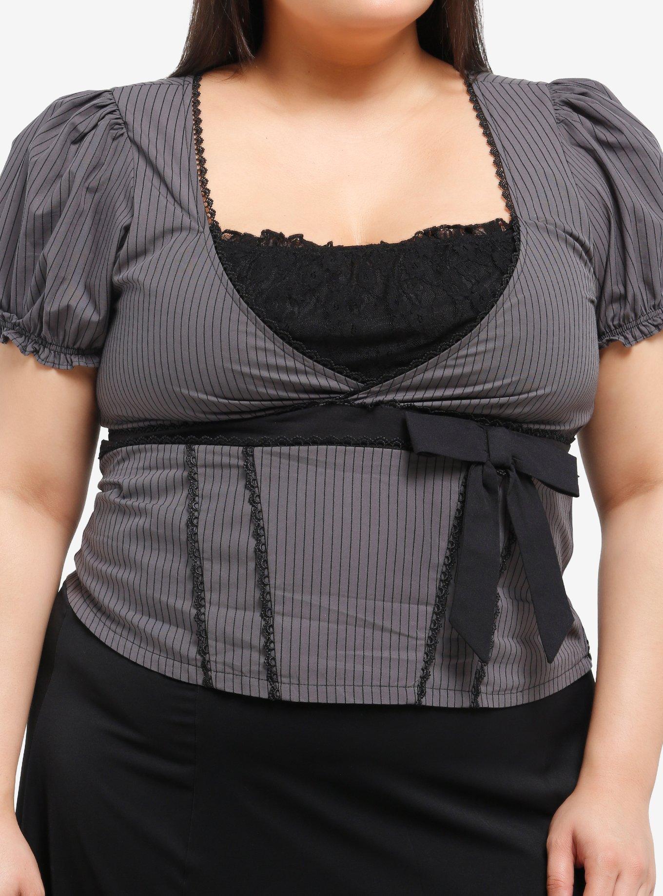 Thorn & Fable Black & Grey Pinstripe Girls Puff Sleeve Top Plus Size, , hi-res