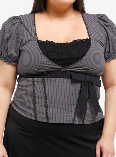 Thorn & Fable Black & Grey Pinstripe Girls Puff Sleeve Top Plus