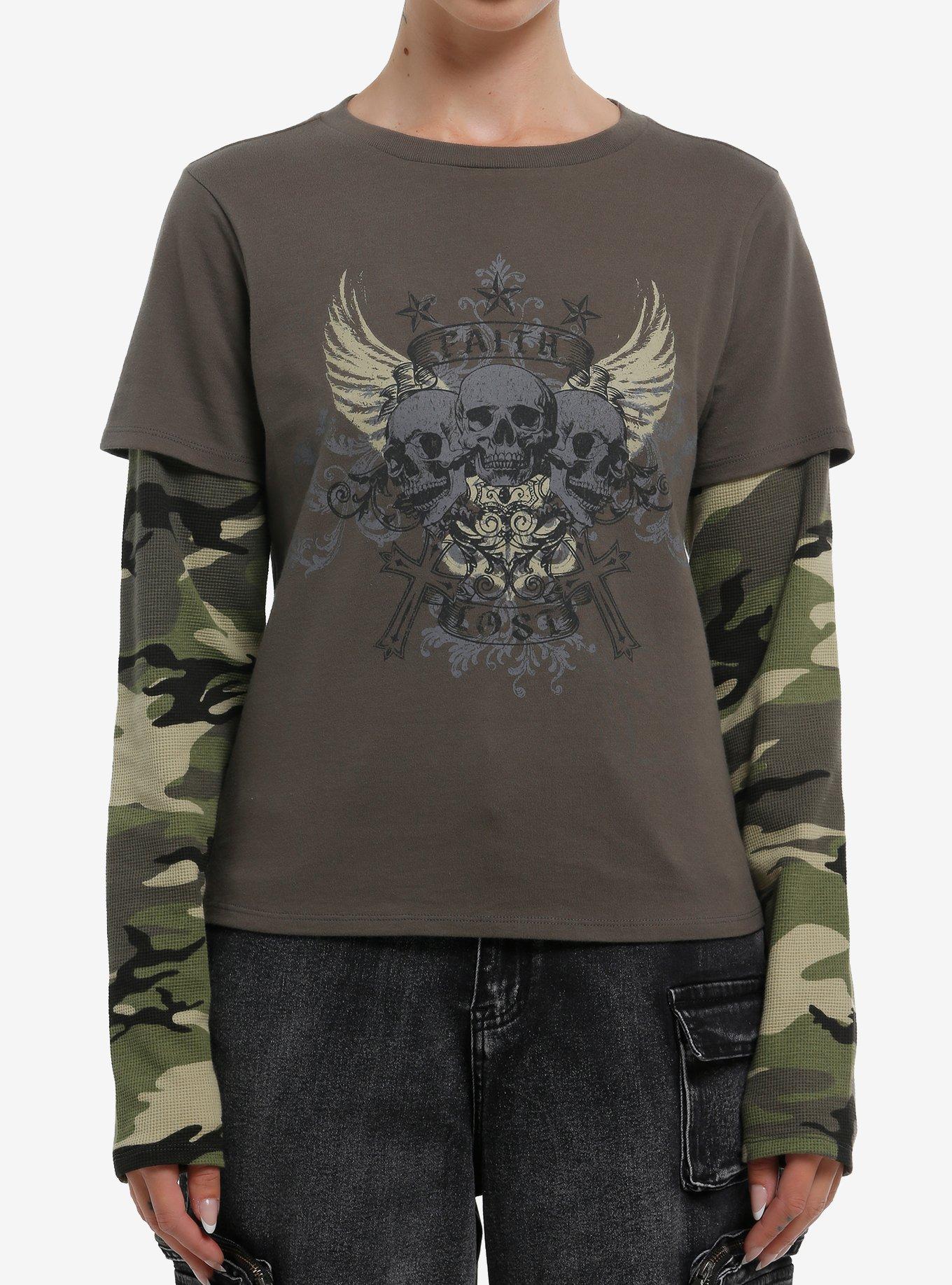 Social Collision Skull Wings Camouflage Girls Long-Sleeve Twofer, , hi-res