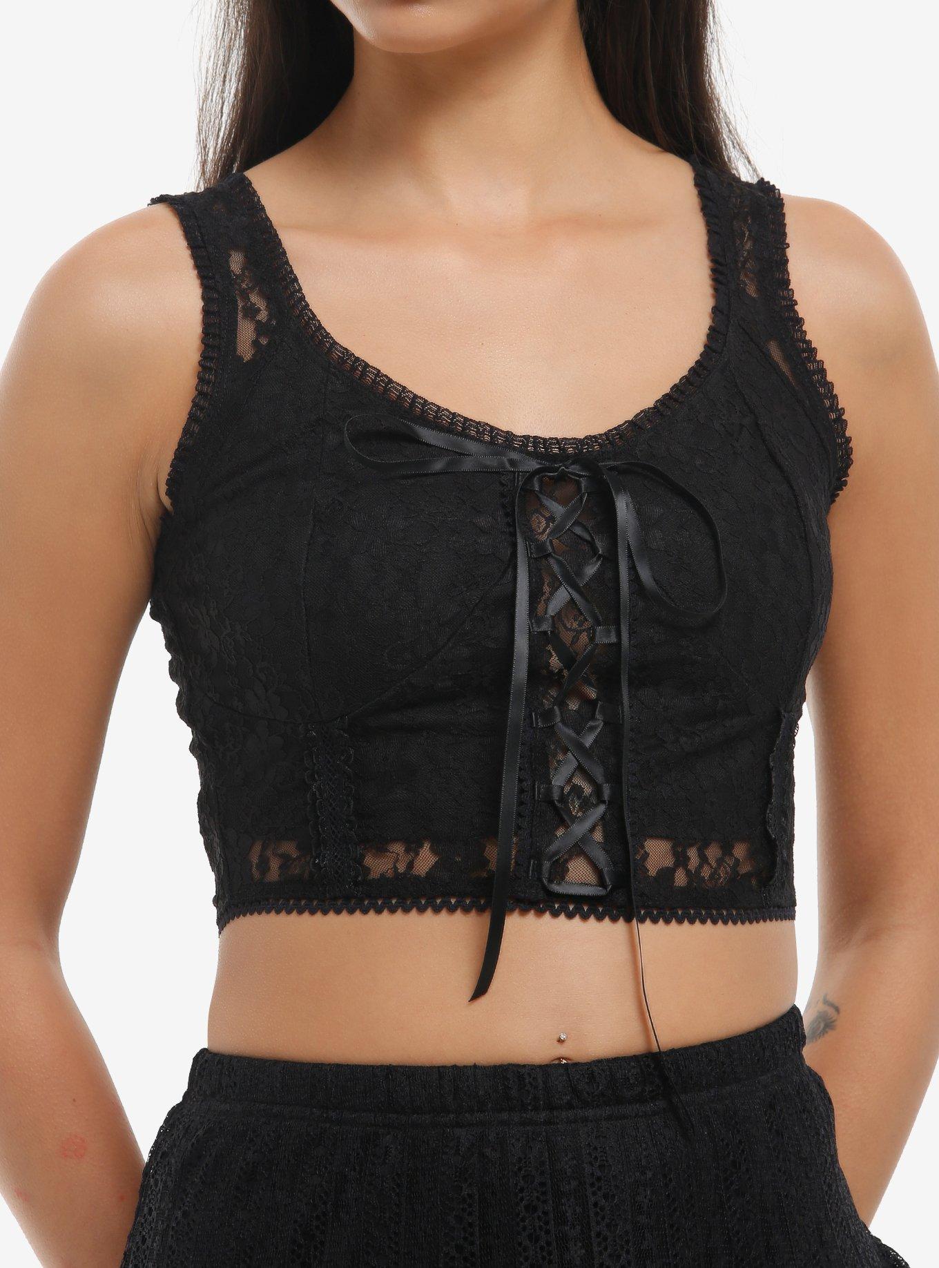 Cosmic Aura Black Lace Ribbon Corset Girls Crop Tank Top, , hi-res