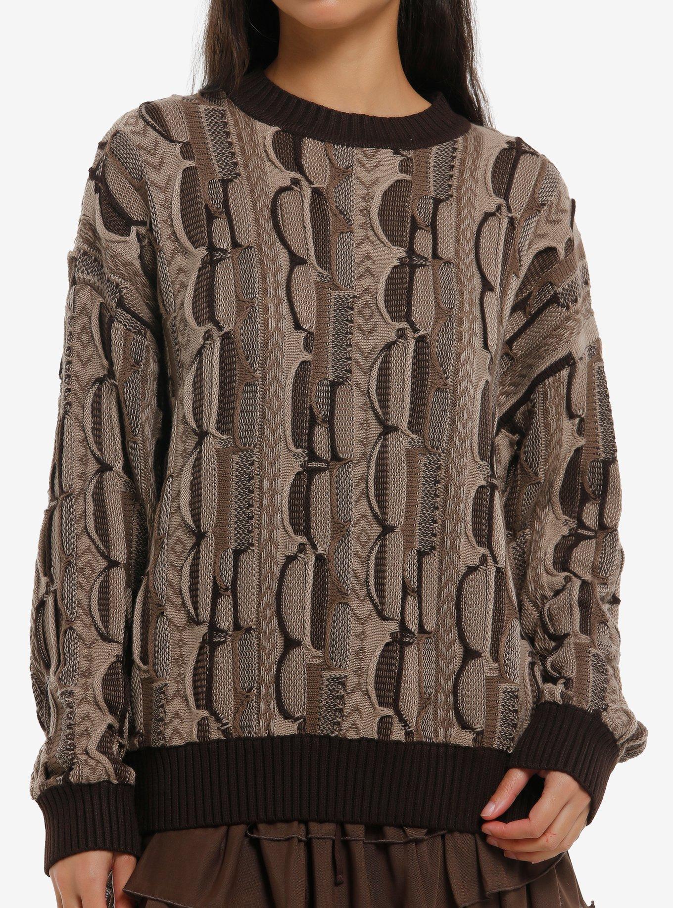 Brown Destructed Patchwork Girls Knit Sweater, , hi-res