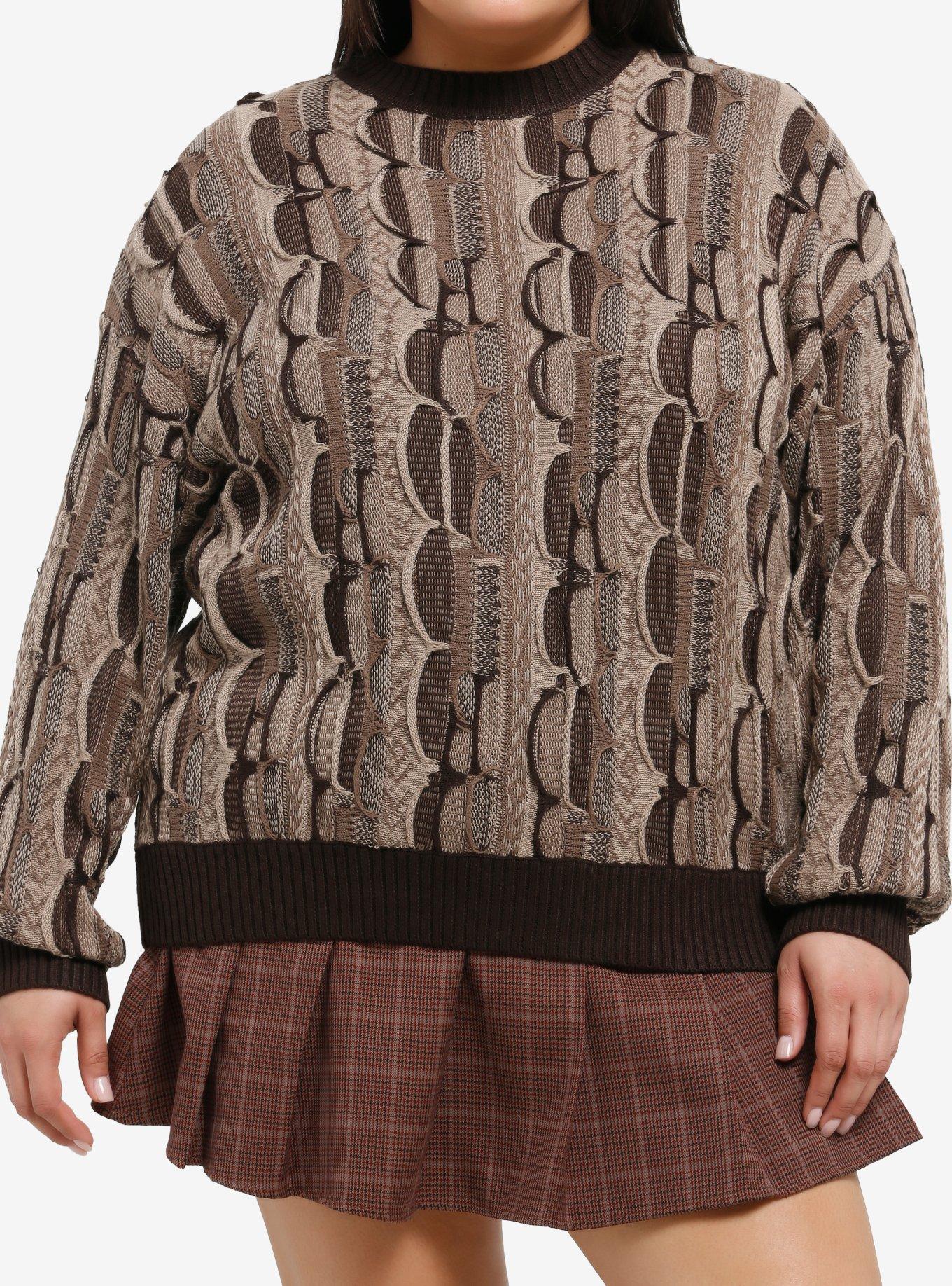 Brown Destructed Patchwork Girls Knit Sweater Plus Size, , hi-res