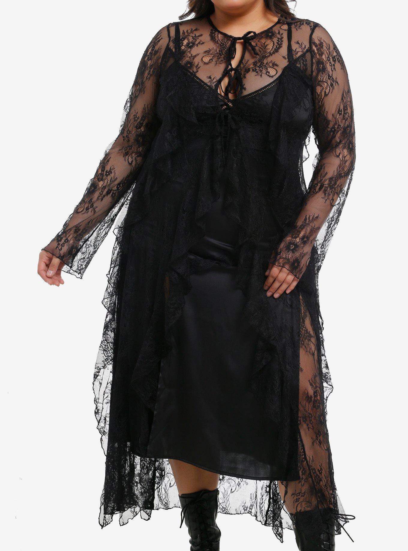 COSMICAURA Cosmic Aura Black Lace Ruffle Duster Plus Size