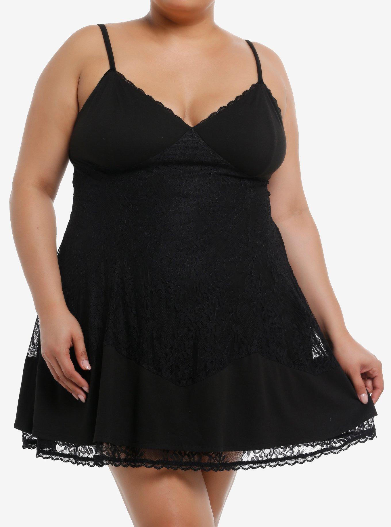 Cosmic Aura Black Lace Panel Cami Dress Plus Size, , hi-res