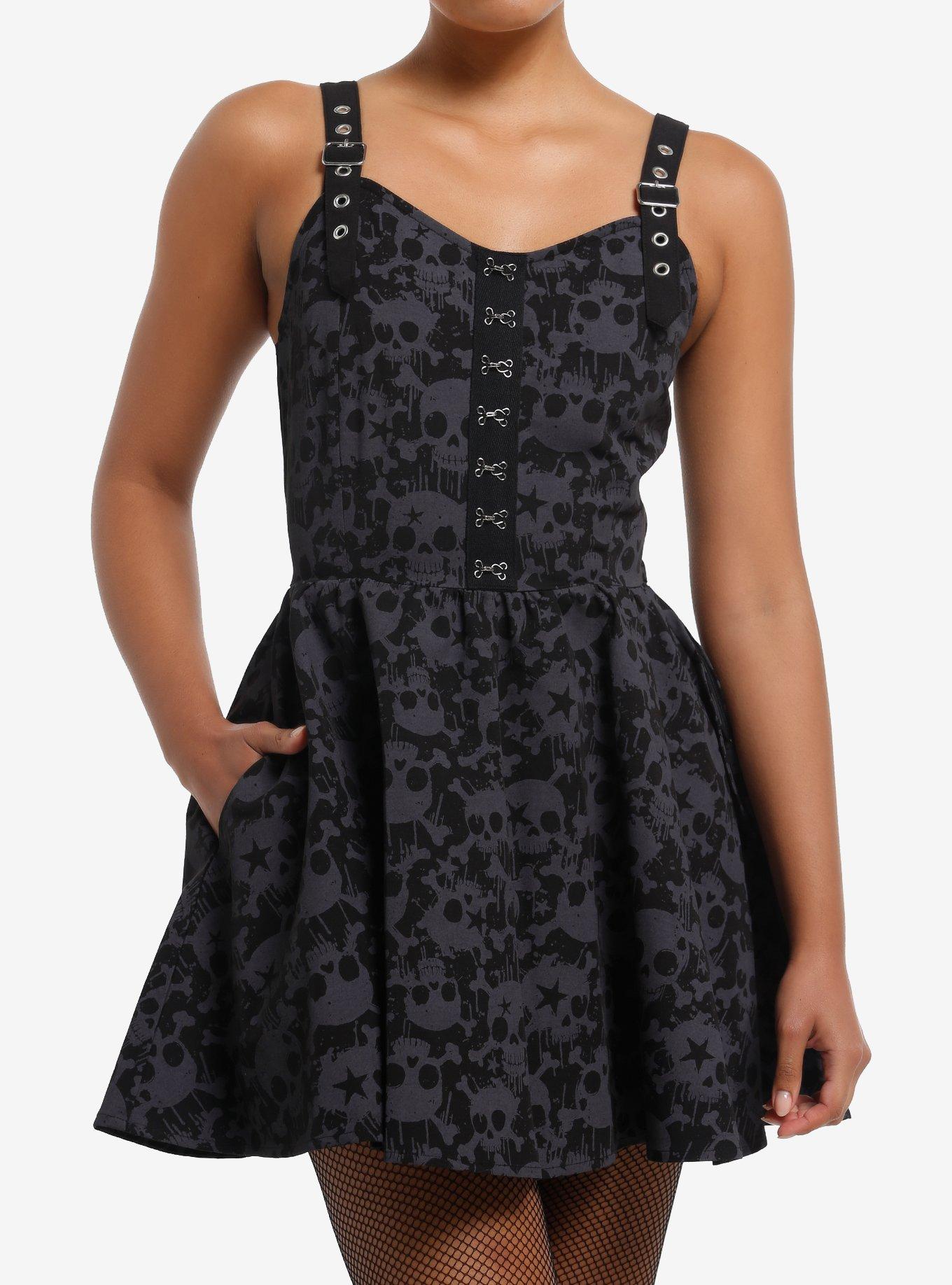 Black & Grey Skull Grommet Strap Mini Dress, , hi-res