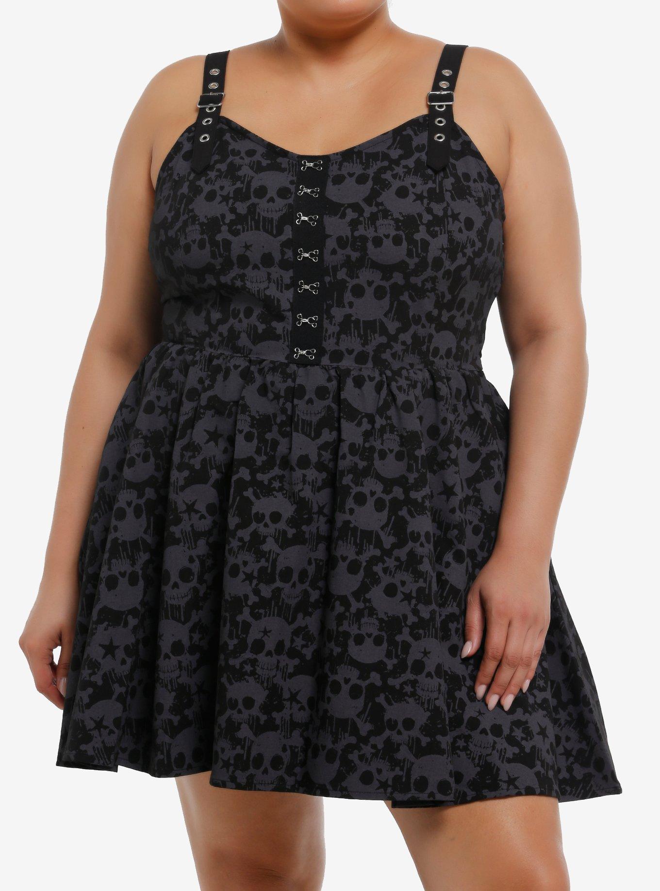 Black & Grey Skull Grommet Strap Mini Dress Plus Size, , hi-res