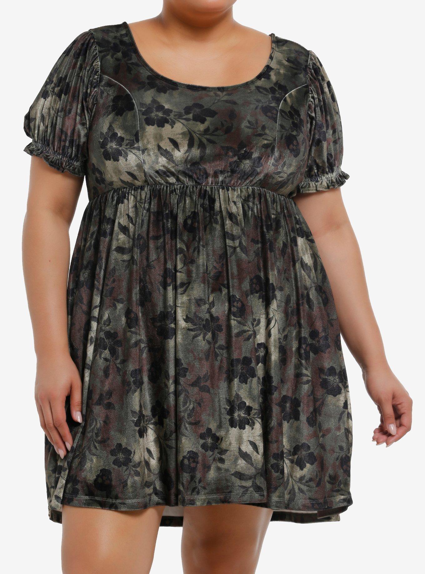 Thorn & Fable Skull & Flower Camouflage Velvet Mini Dress Plus Size, , hi-res