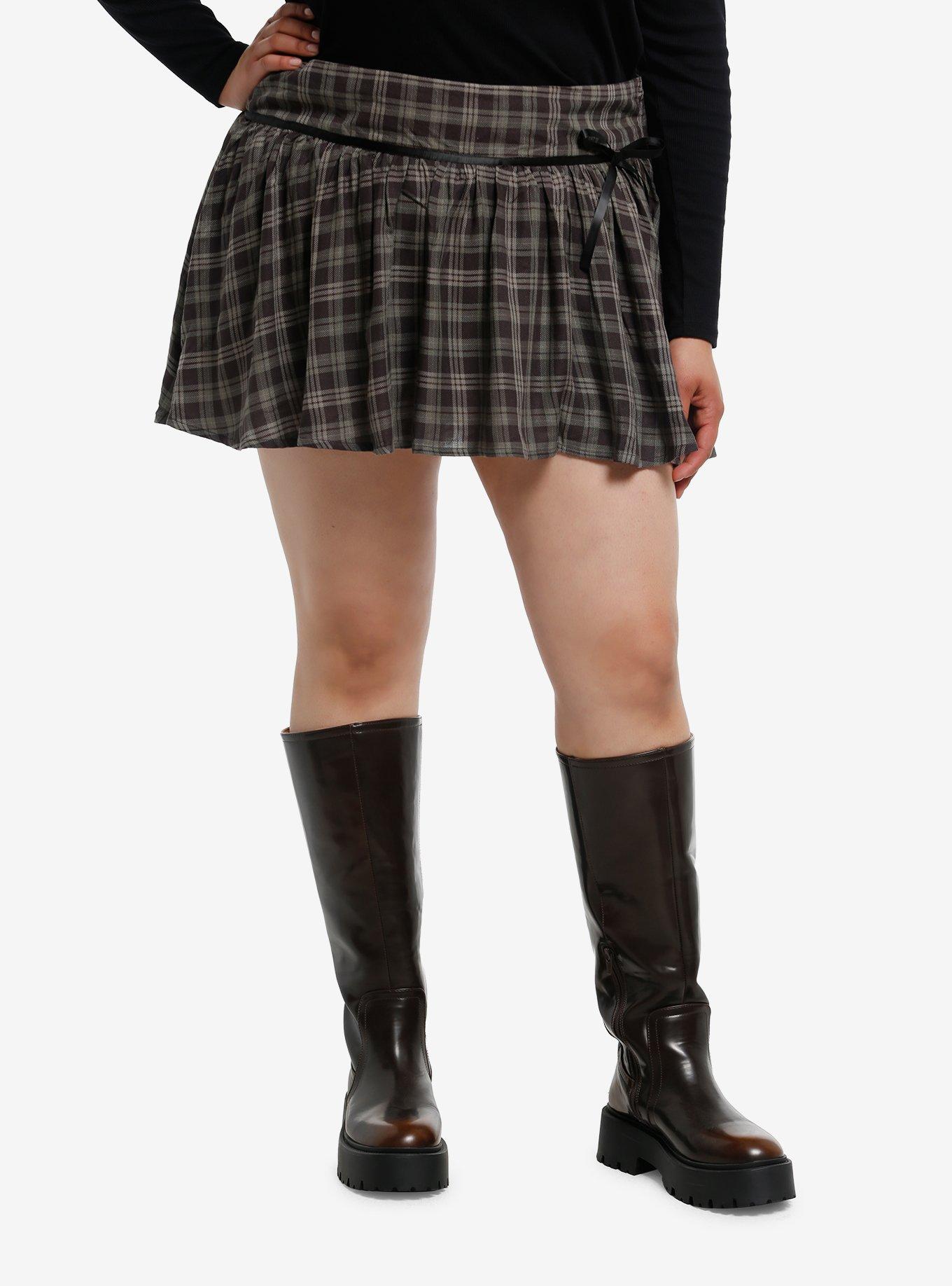 Social Collision Black & Dark Green Plaid Bow Mini Skort Plus Size, , hi-res