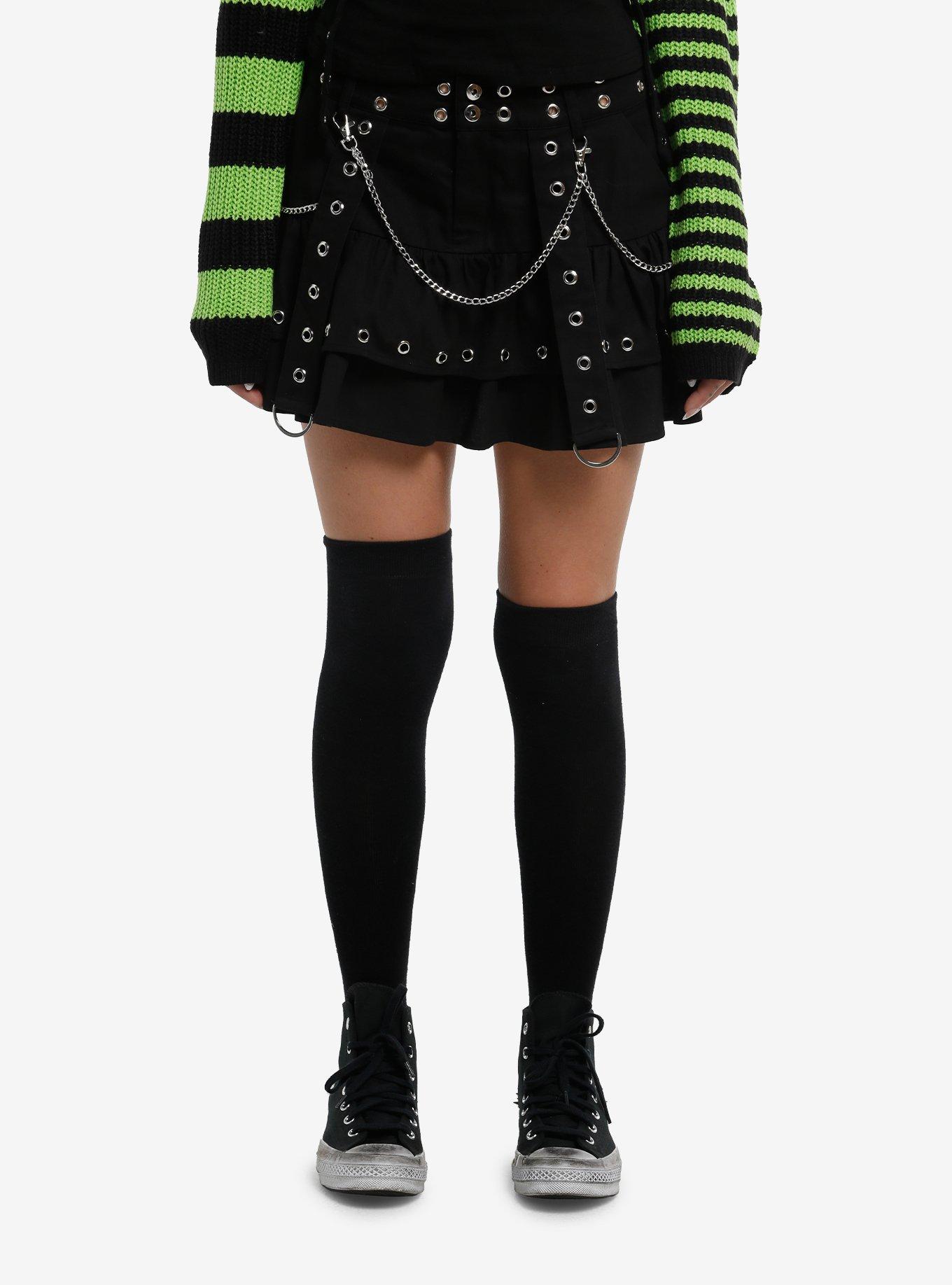 Social Collision Black Grommet & Chain Tiered Mini Skirt, , hi-res