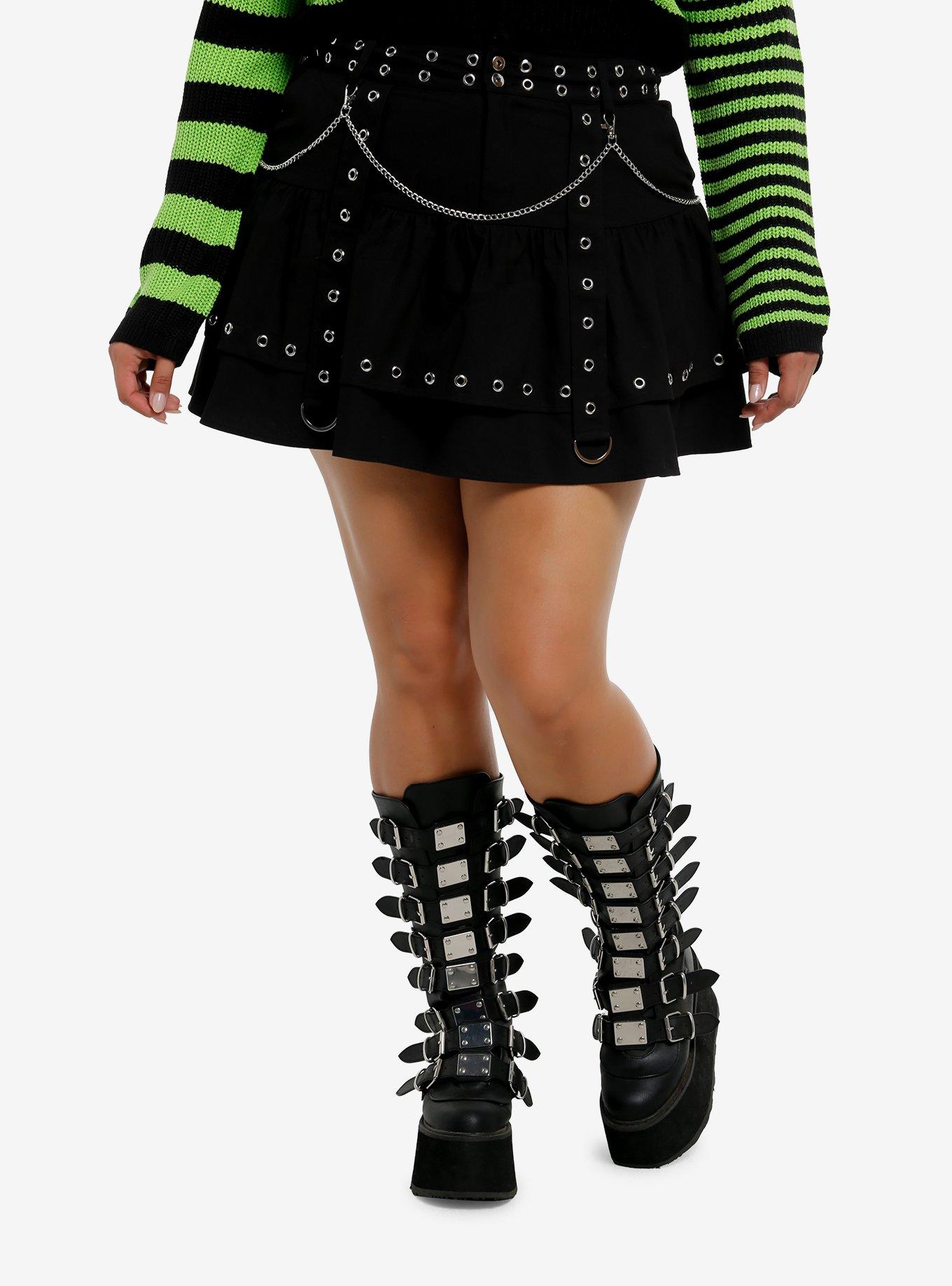 Social Collision Black Grommet & Chain Tiered Mini Skirt Plus Size, , hi-res