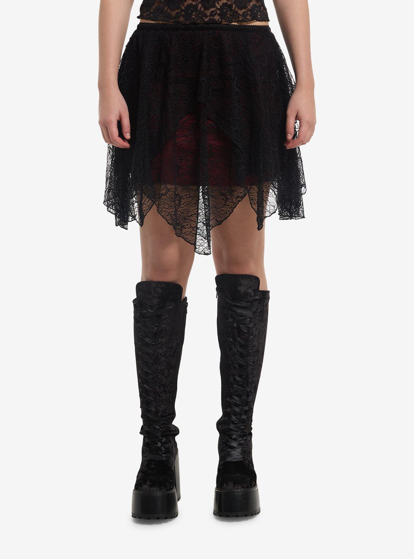 Black & Red Lace Hanky Hem Skirt, , hi-res