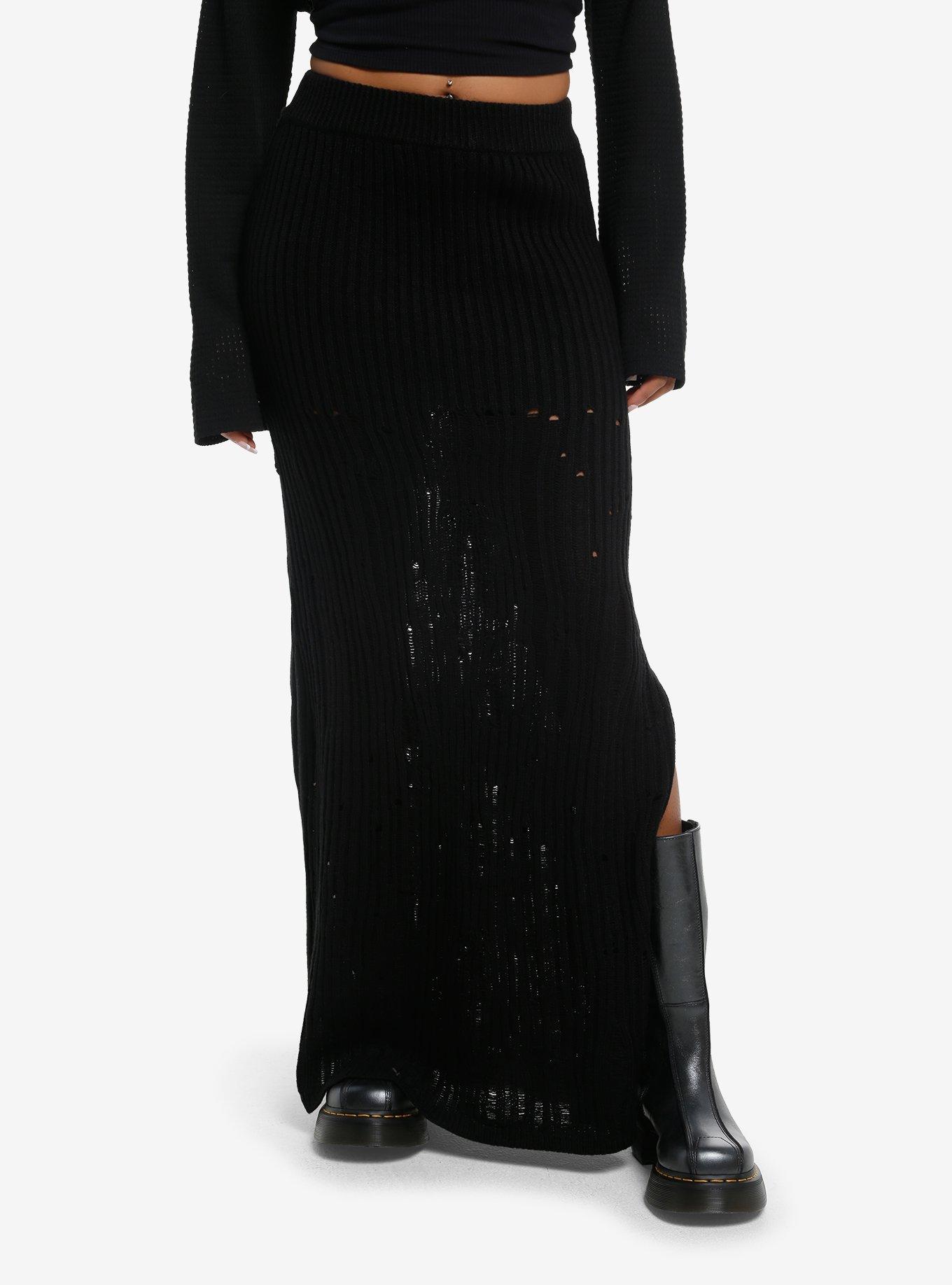 Black Knit Maxi Sweater Skirt, , hi-res