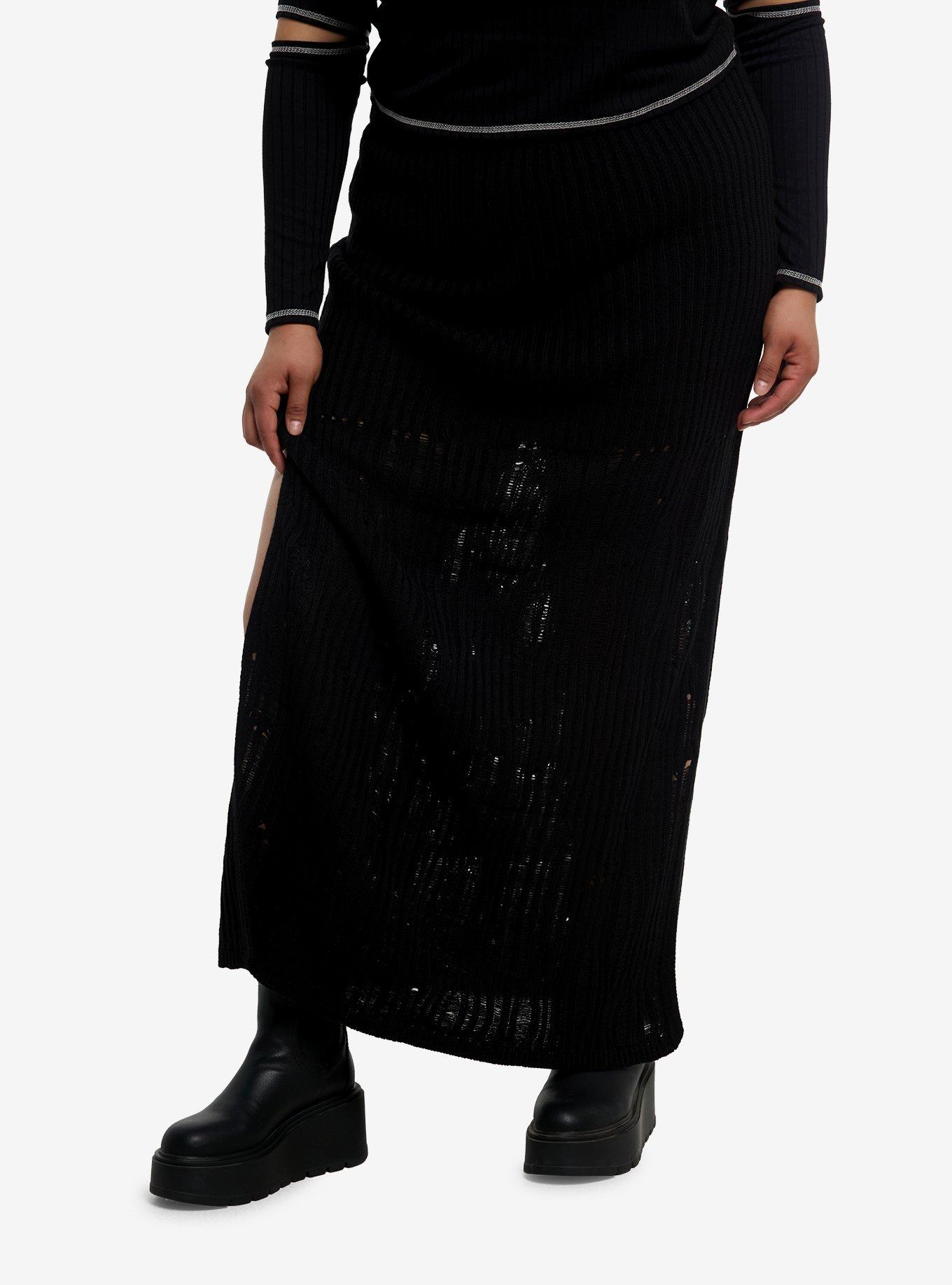 Black Knit Maxi Sweater Skirt Plus Size, , hi-res
