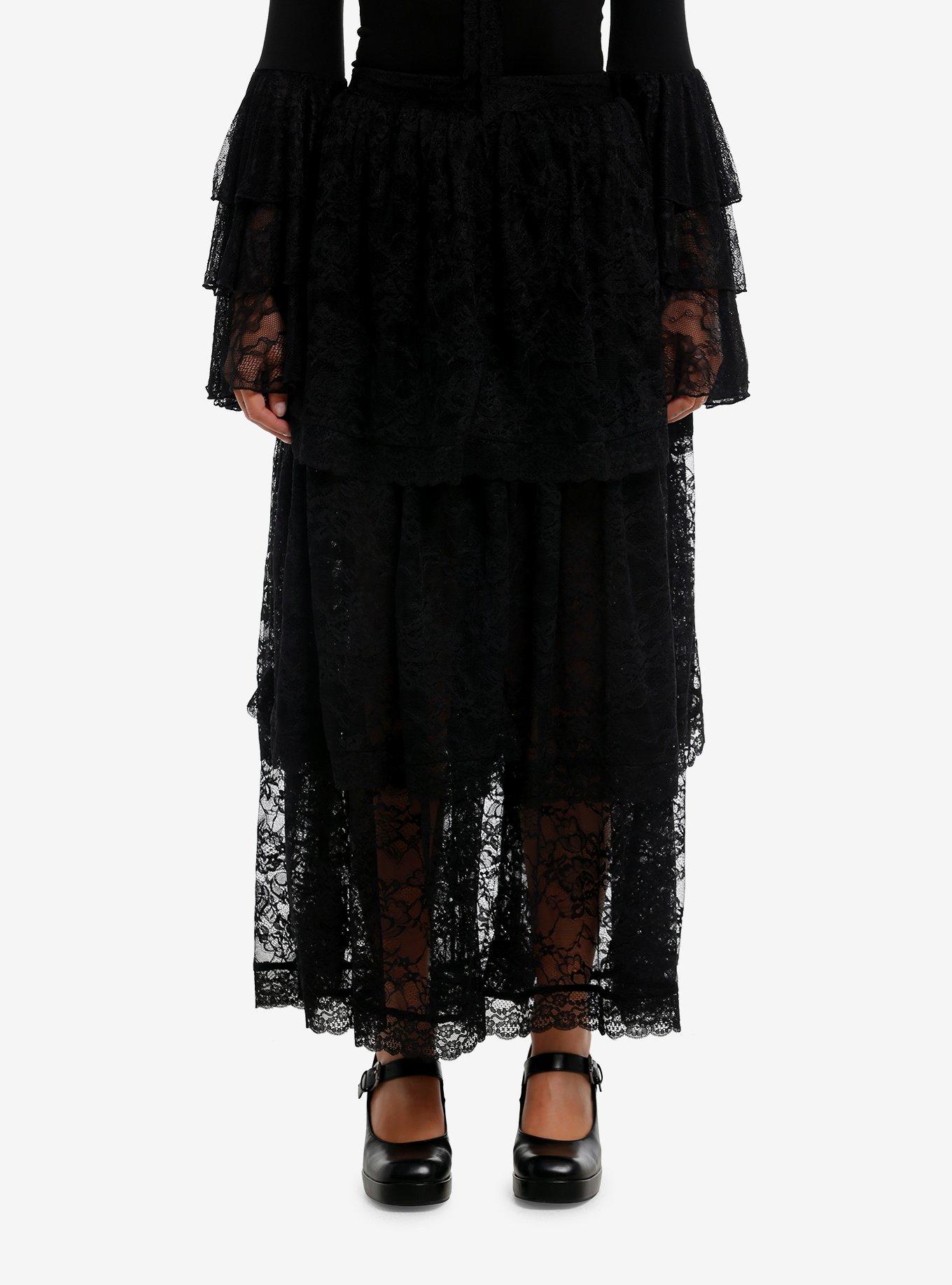 Cosmic Aura Black Lace Tiered Maxi Skirt, , hi-res