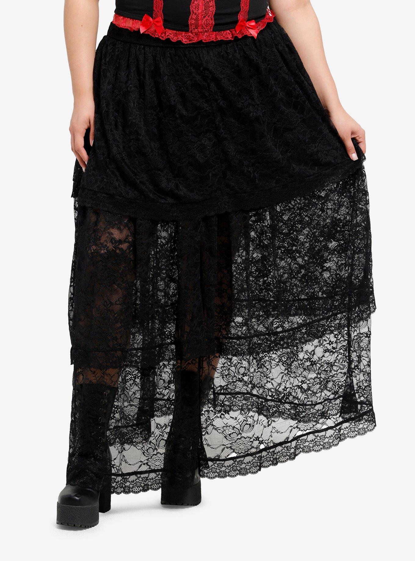 Cosmic Aura Black Lace Tiered Maxi Skirt Plus Size, , hi-res