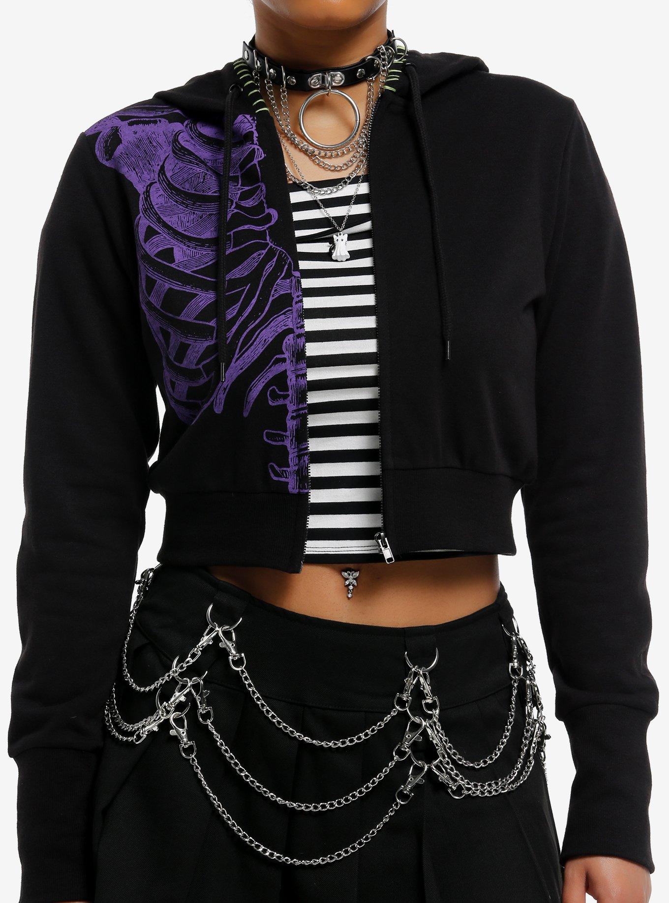 Purple Rib Cage Stitch Girls Crop Hoodie, , hi-res