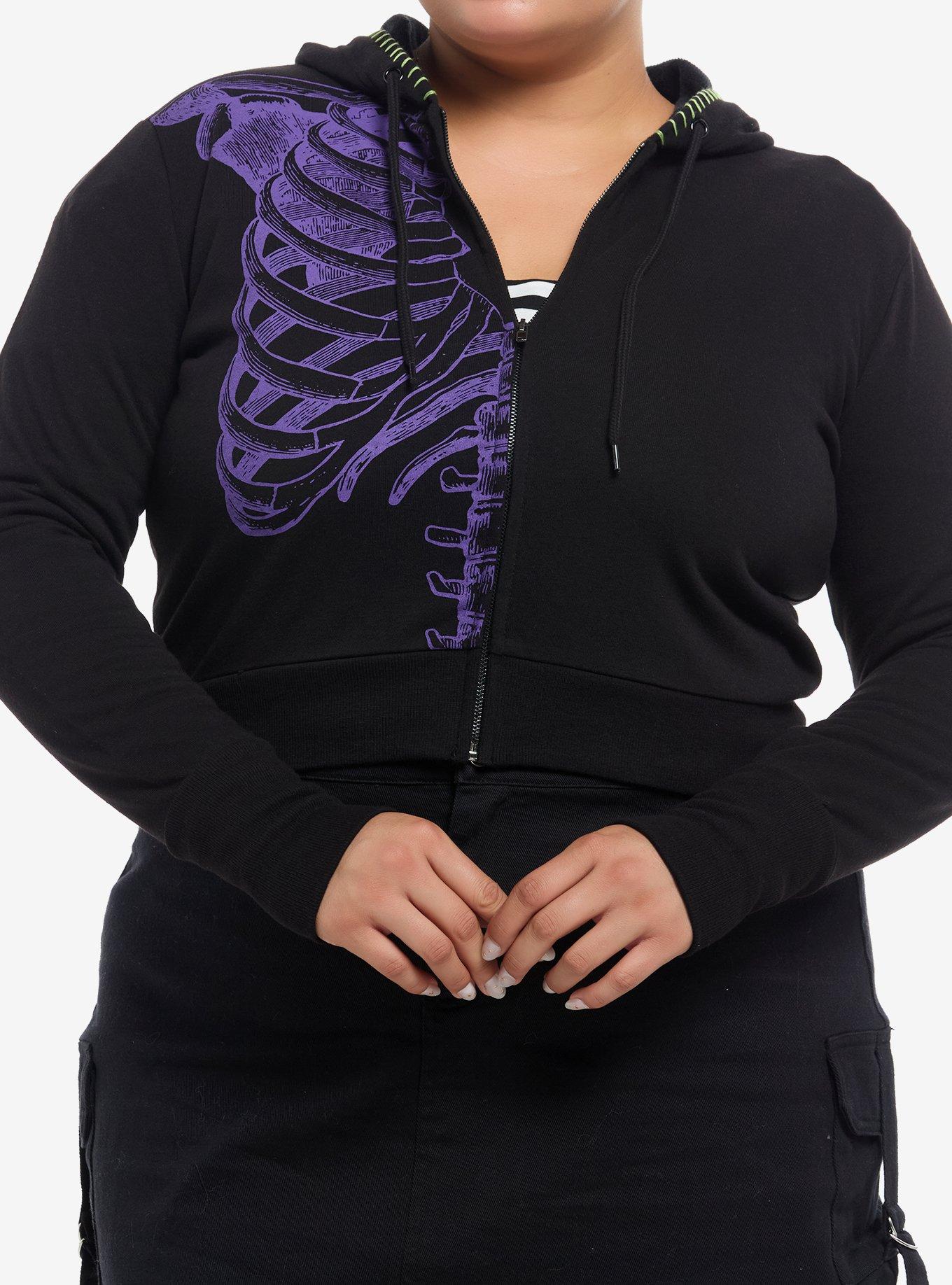 Purple Rib Cage Stitch Girls Crop Hoodie Plus Size, , hi-res