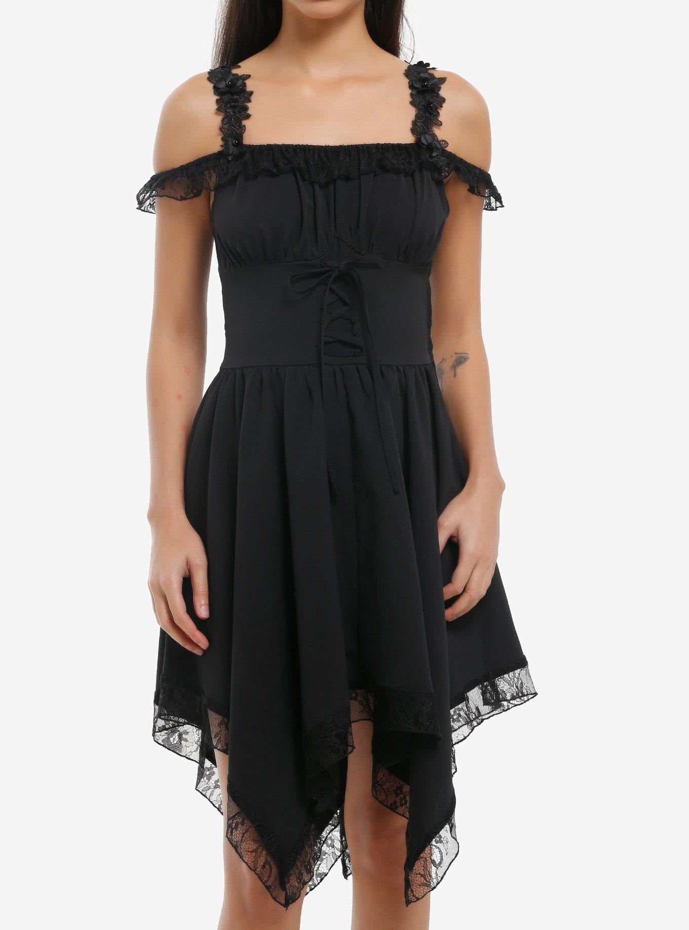 Cosmic Aura Black Floral Lace Cold-Shoulder Dress, , hi-res