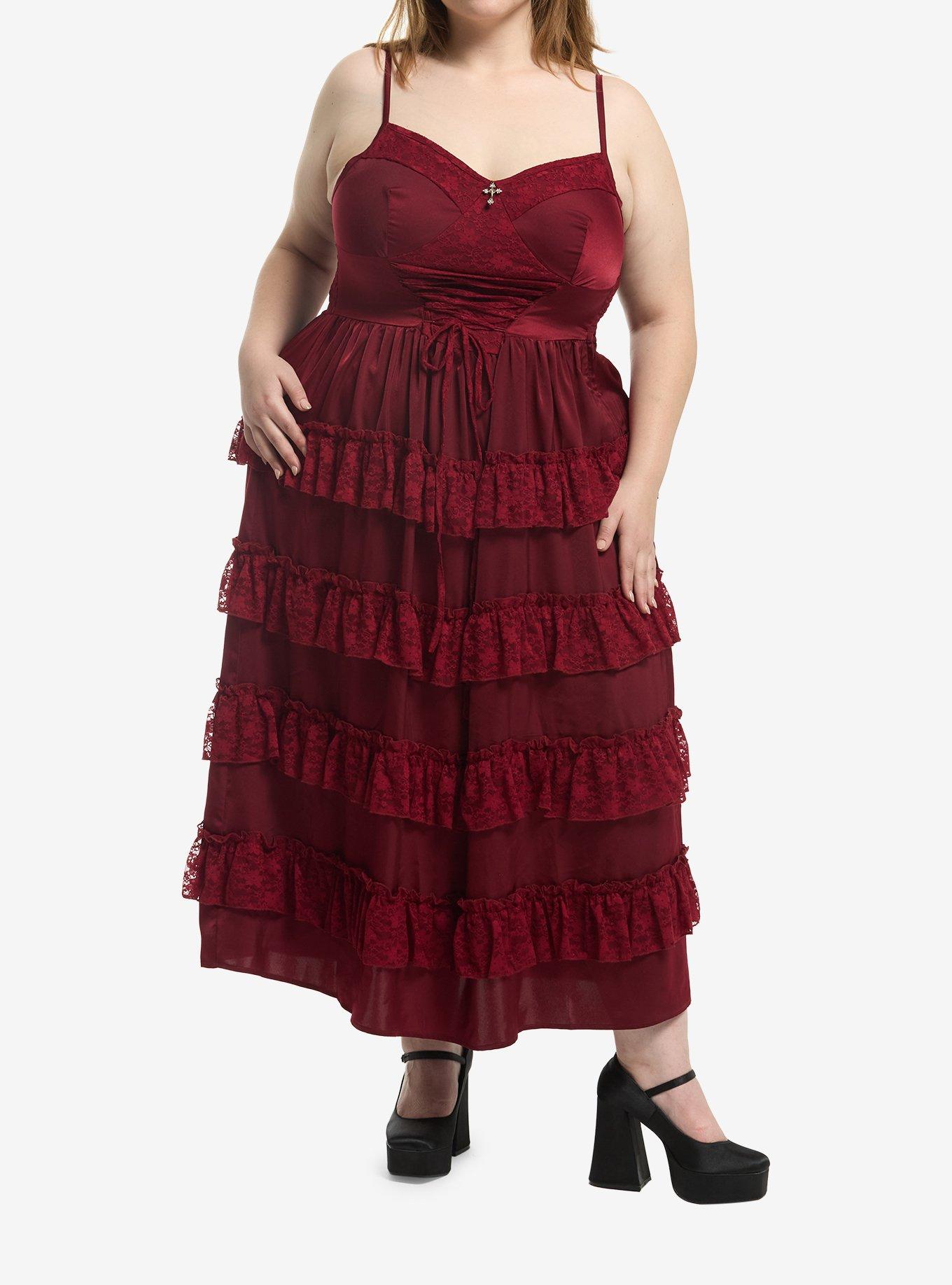 Cosmic Aura Corset Cross Charm Ruffle Maxi Dress Plus Size, , hi-res