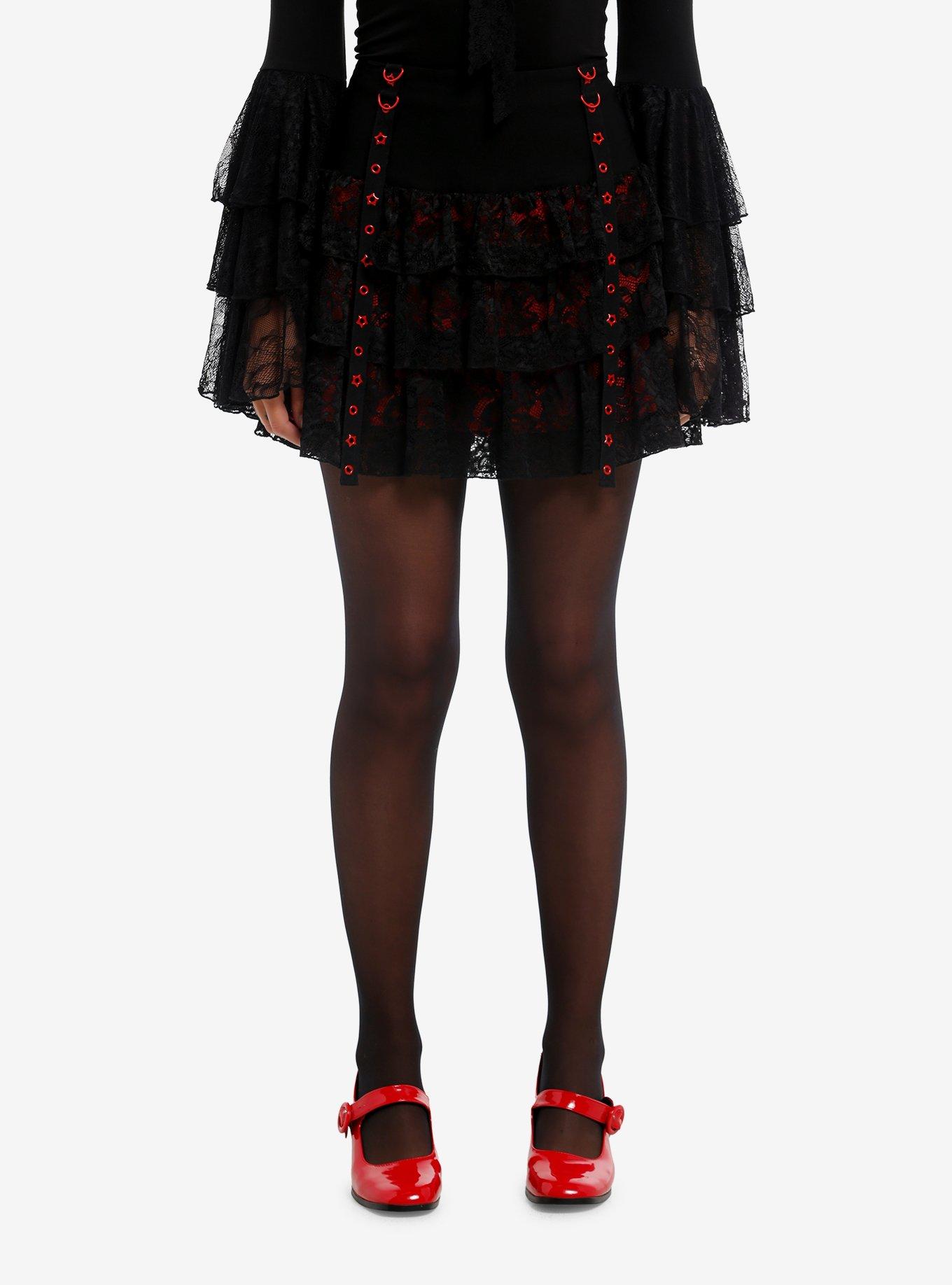 Black & Red Lace Grommet Strap Tiered Skirt, , hi-res