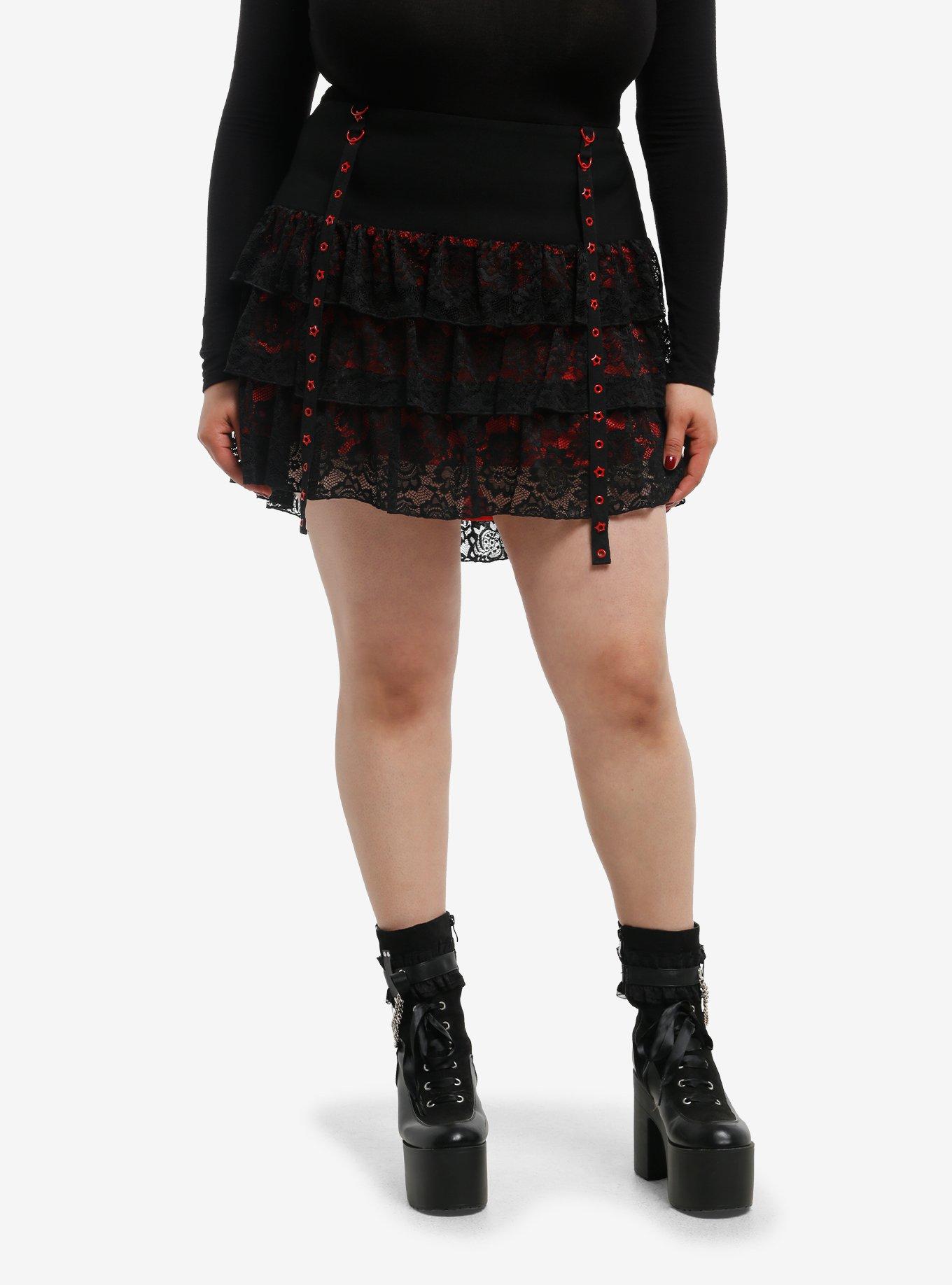 Black & Red Lace Grommet Strap Tiered Skirt Plus Size, , hi-res