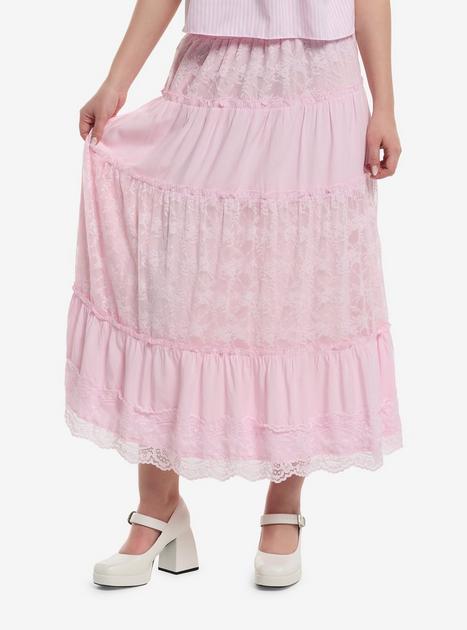 スカート herlipto rosa lace tiered skirt Sweet Society Pastel Pink Lace Tiered Midi Skirt | Hot Topic