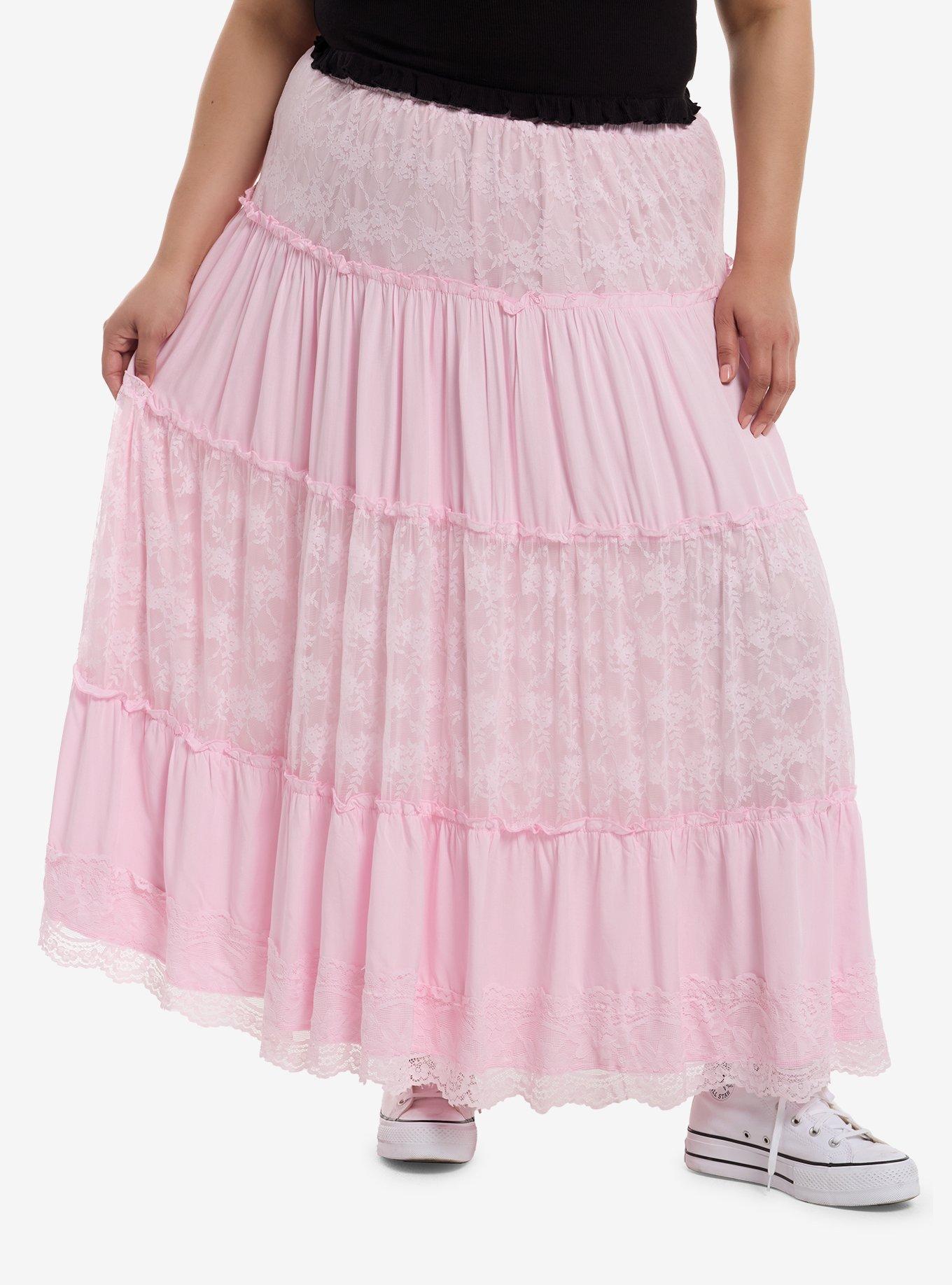 Sweet Society Pastel Pink Lace Tiered Midi Skirt Plus Size, , hi-res