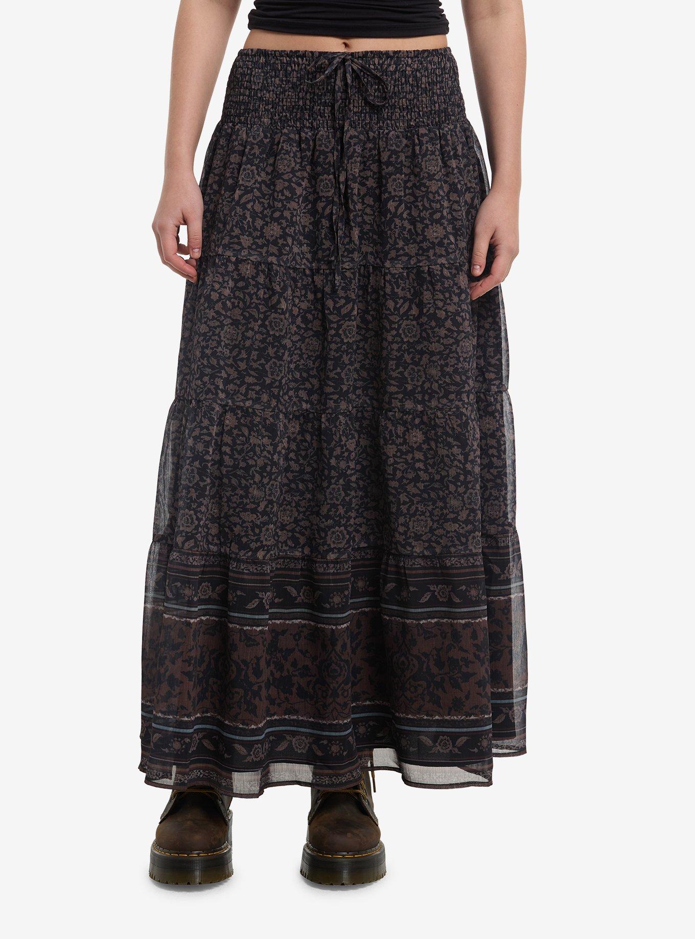 Thorn & Fable Brown Floral Tiered Maxi Skirt Plus Size, , hi-res