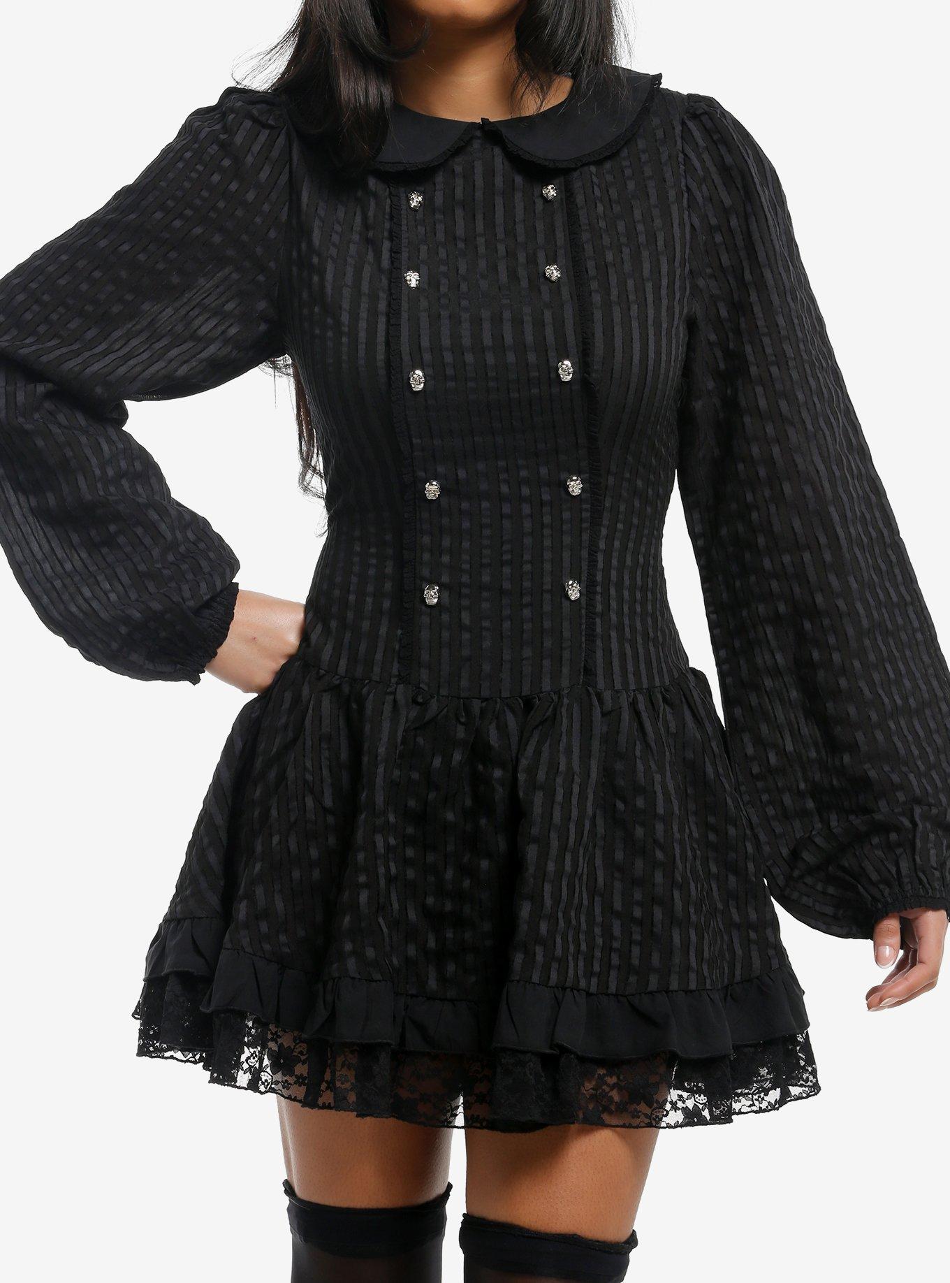 Black Stripe Skull Stud Collared Dress, , hi-res