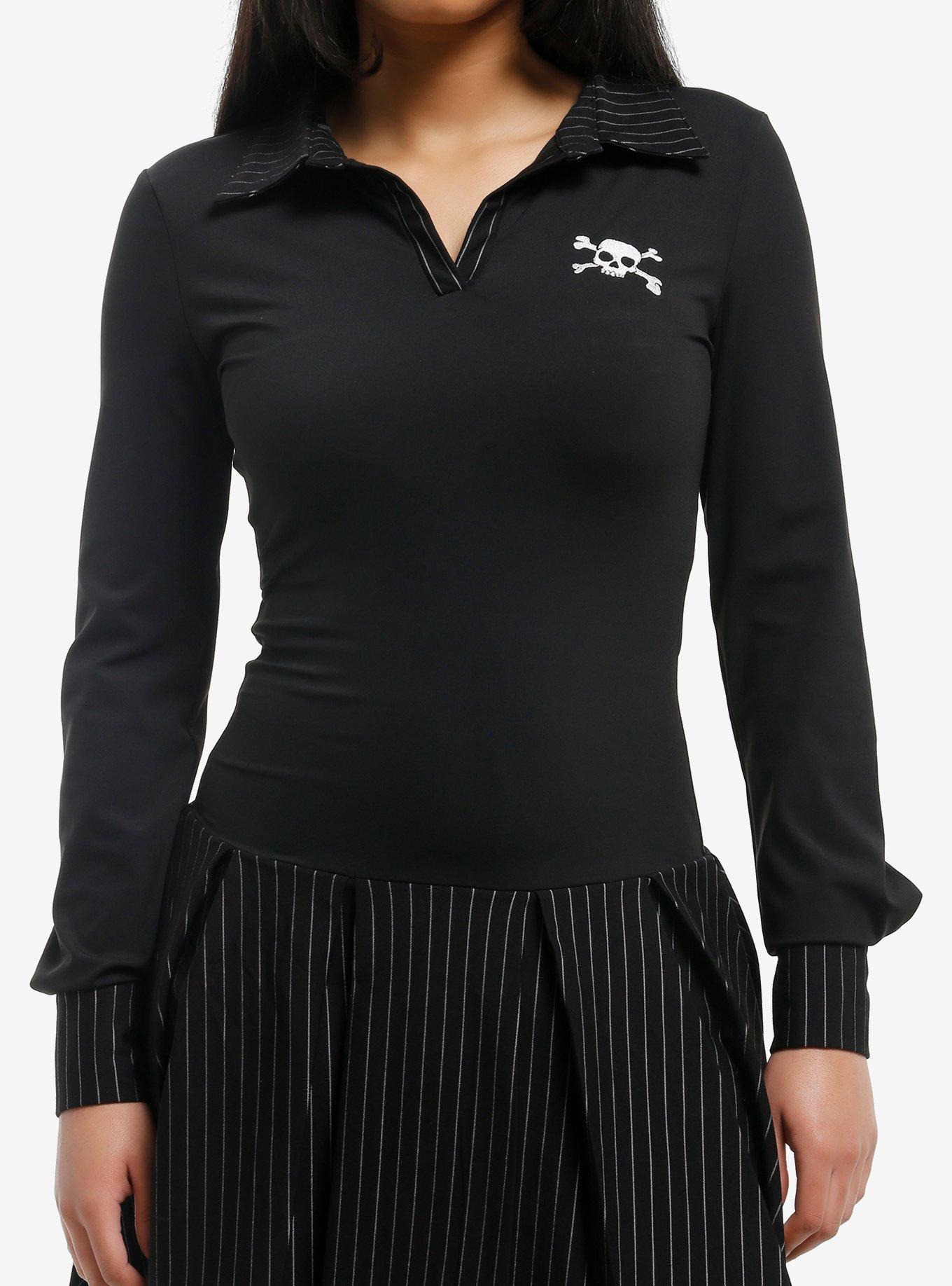 Skull & Crossbones Pinstripe Collared Long-Sleeve Dress, , hi-res