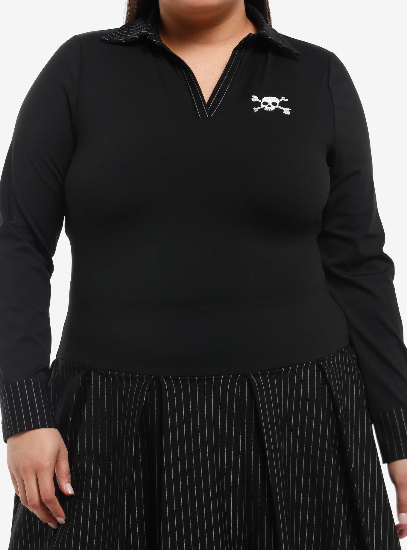 Skull & Crossbones Pinstripe Collared Long-Sleeve Dress Plus Size, , hi-res